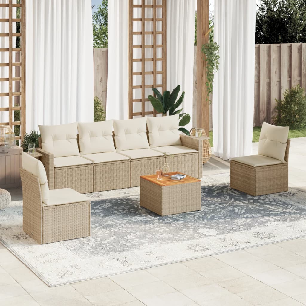 7 Pcs conjunto de sofás p/ jardim com almofadões vime PE bege