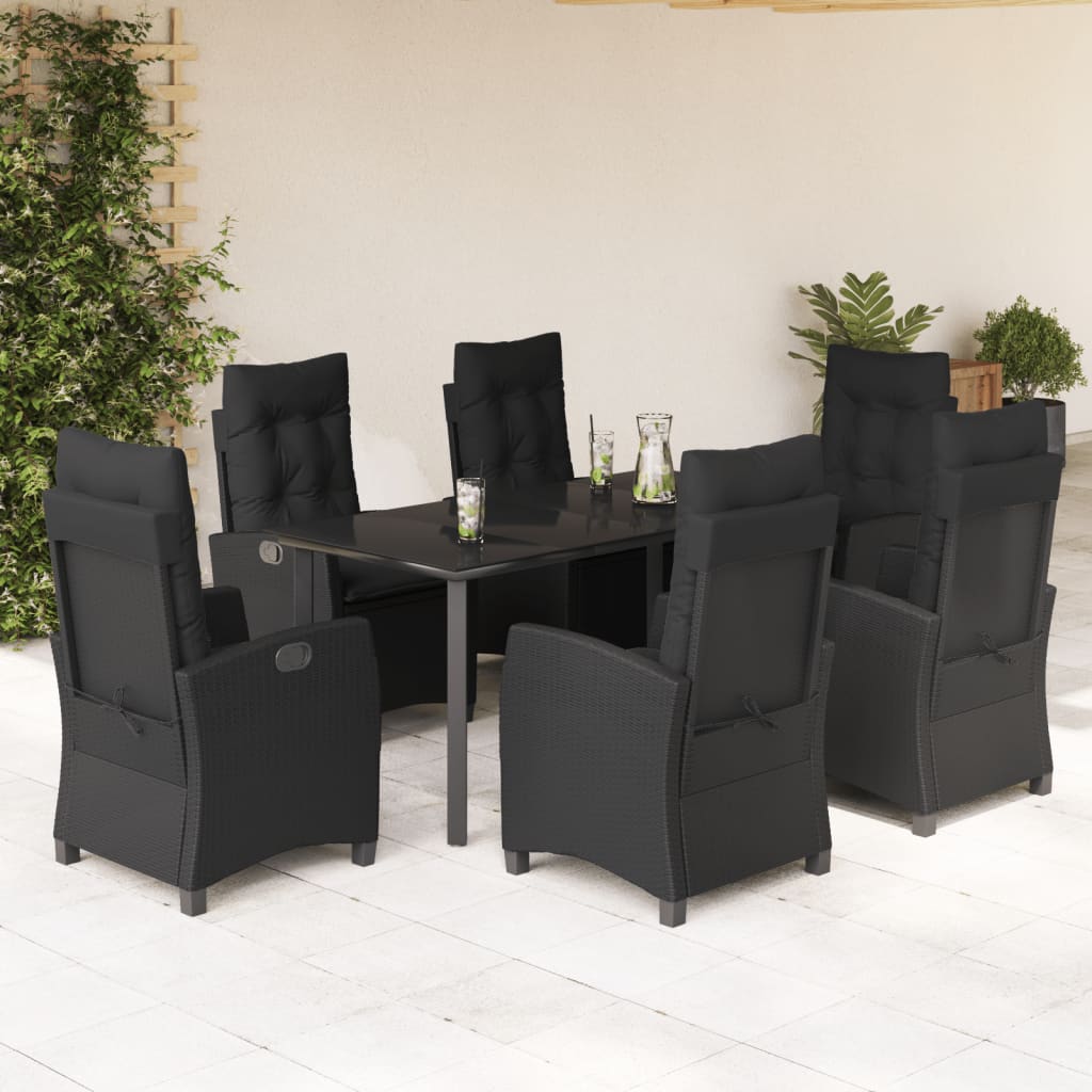 7 Pcs conjunto de jantar p/ jardim c/ almofadões vime PE preto