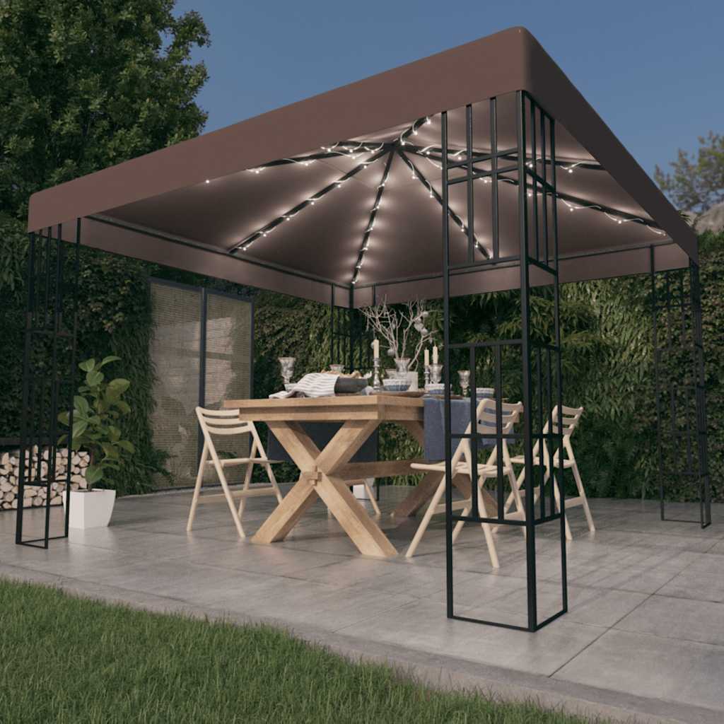 Gazebo com cordões de luzes LED 3x3 m cinza-acastanhado