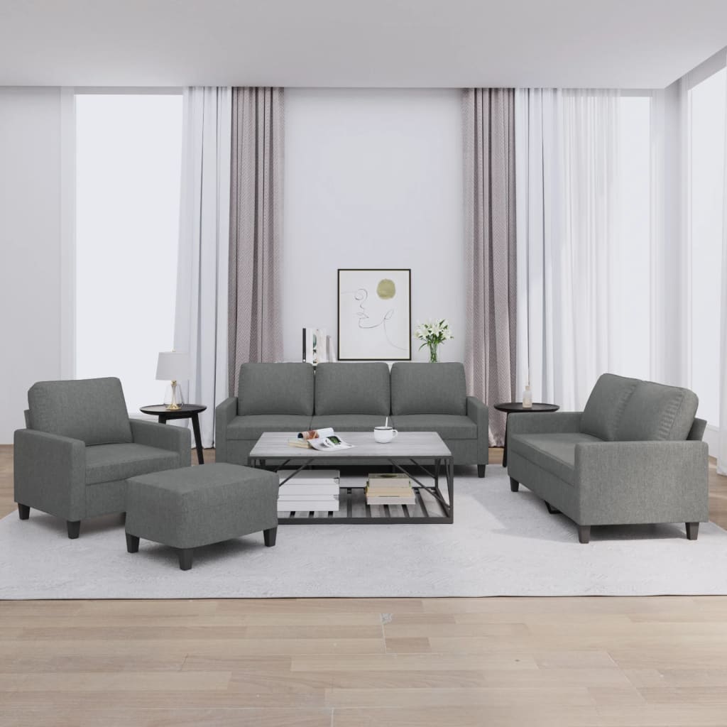 4 Pcs conjunto de sofás com almofadões tecido cinzento-escuro