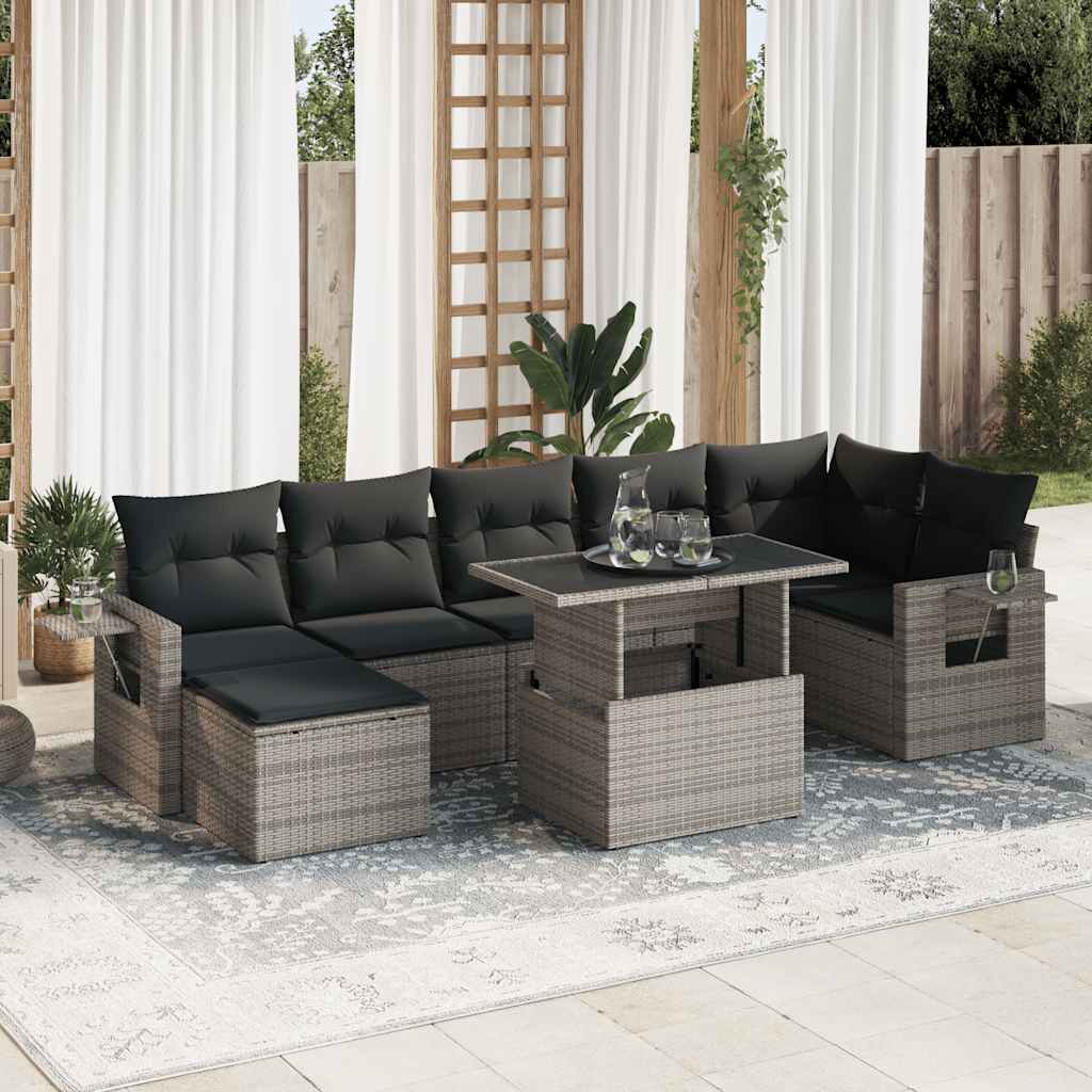 8 Pcs conjunto sofás de jardim c/ almofadões vime PE cinzento