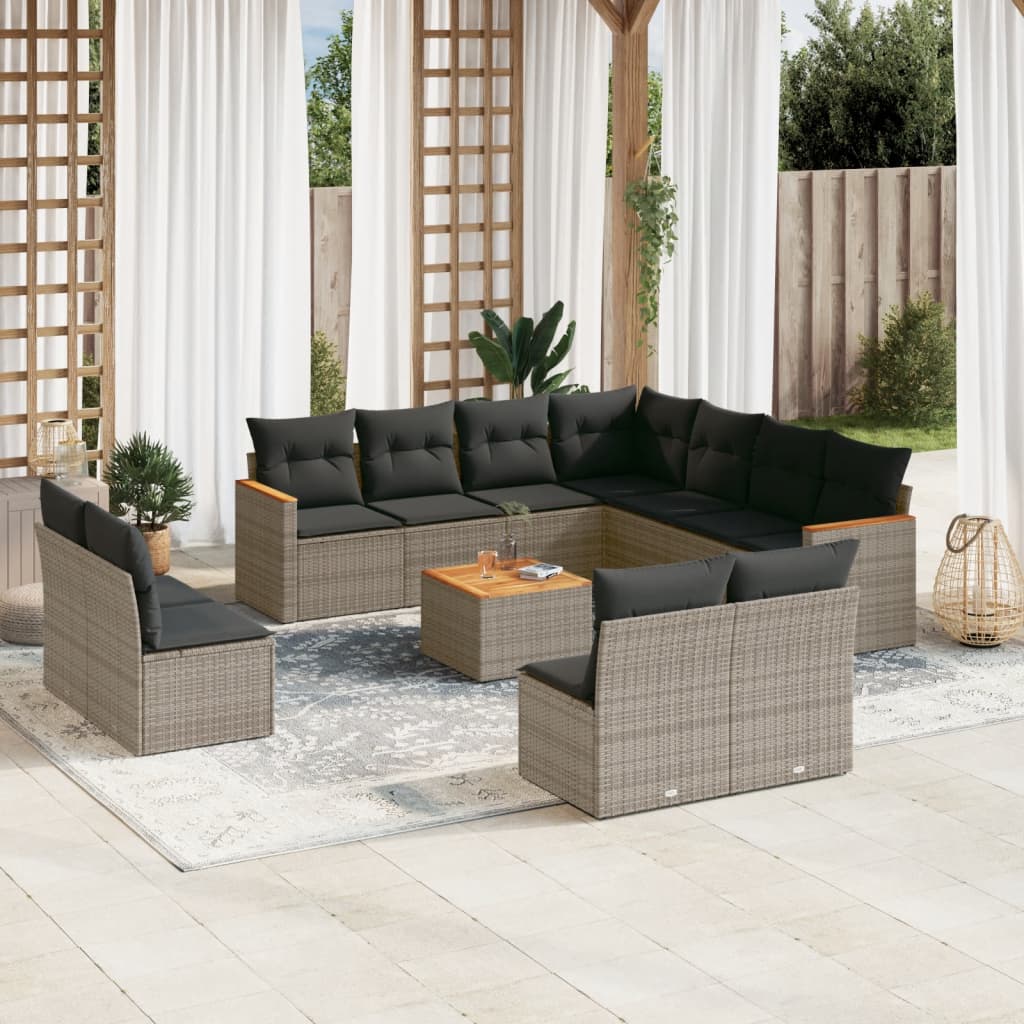 12 Pcs conjunto de sofás jardim c/ almofadões vime PE cinzento
