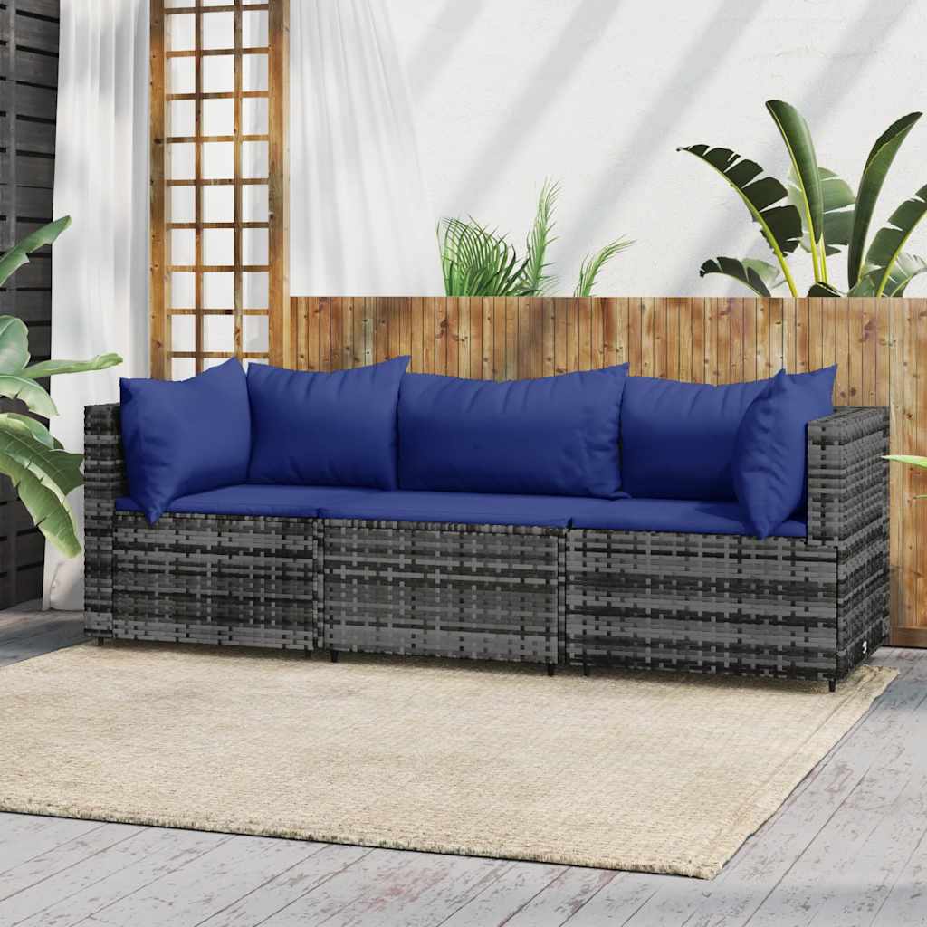 3 Pcs conjunto lounge de jardim c/ almofadões vime PE cinzento