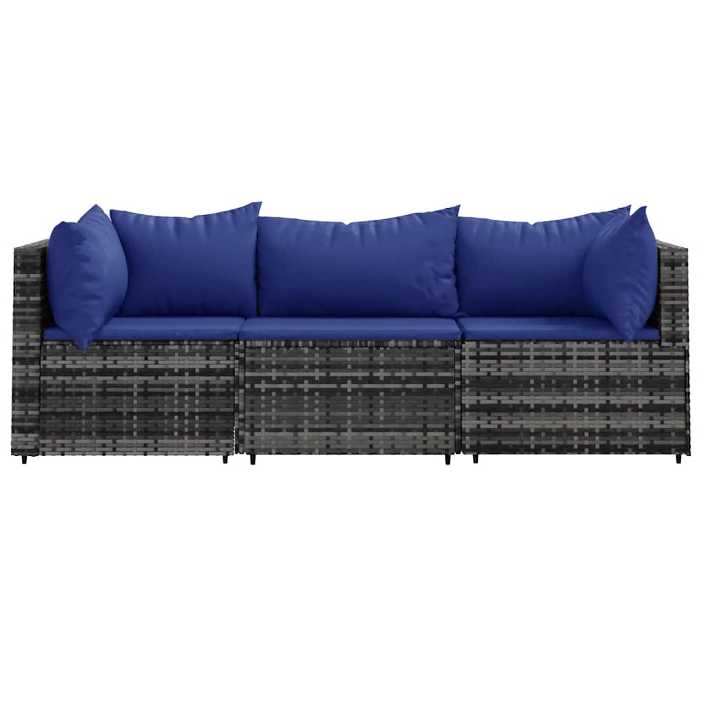 3 Pcs conjunto lounge de jardim c/ almofadões vime PE cinzento