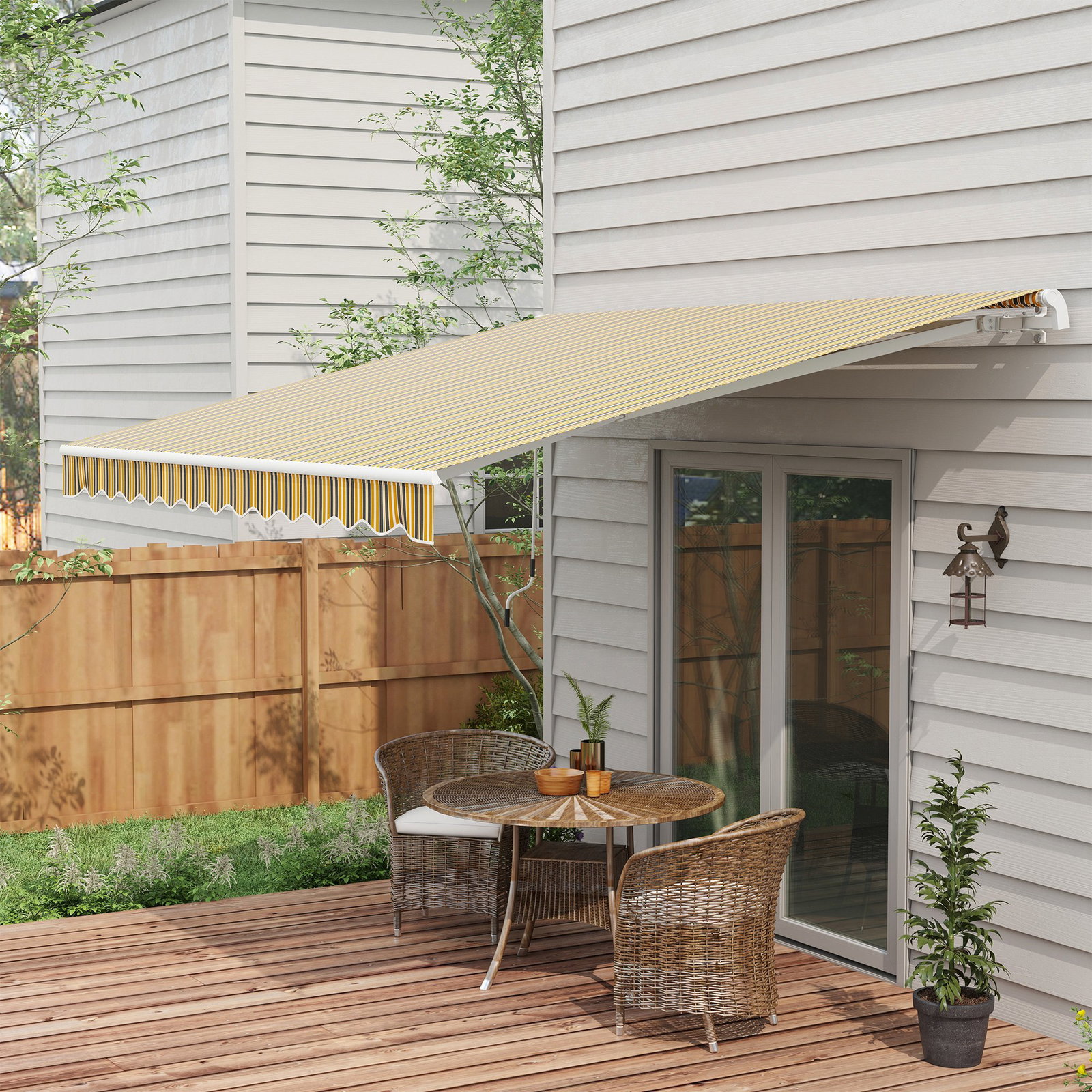 Toldo manual retrátil 350x250 cm com manivela de metal impermeável e anti-UV para jardim terraço janelas cinza e amarelo