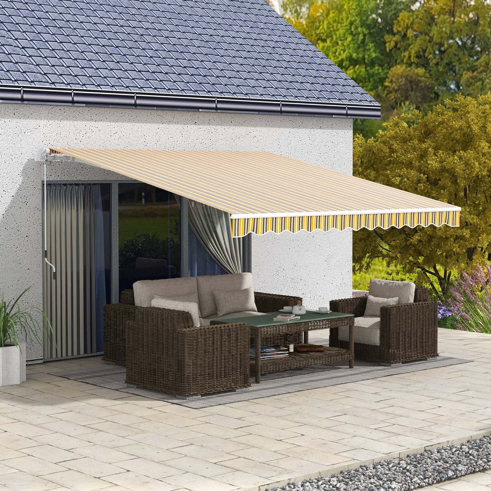 Toldo manual retrátil 350x250 cm com manivela de metal impermeável e anti-UV para jardim terraço janelas cinza e amarelo