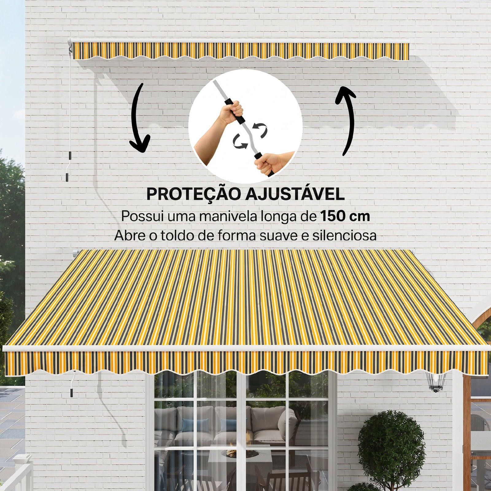 Toldo manual retrátil 350x250 cm com manivela de metal impermeável e anti-UV para jardim terraço janelas cinza e amarelo