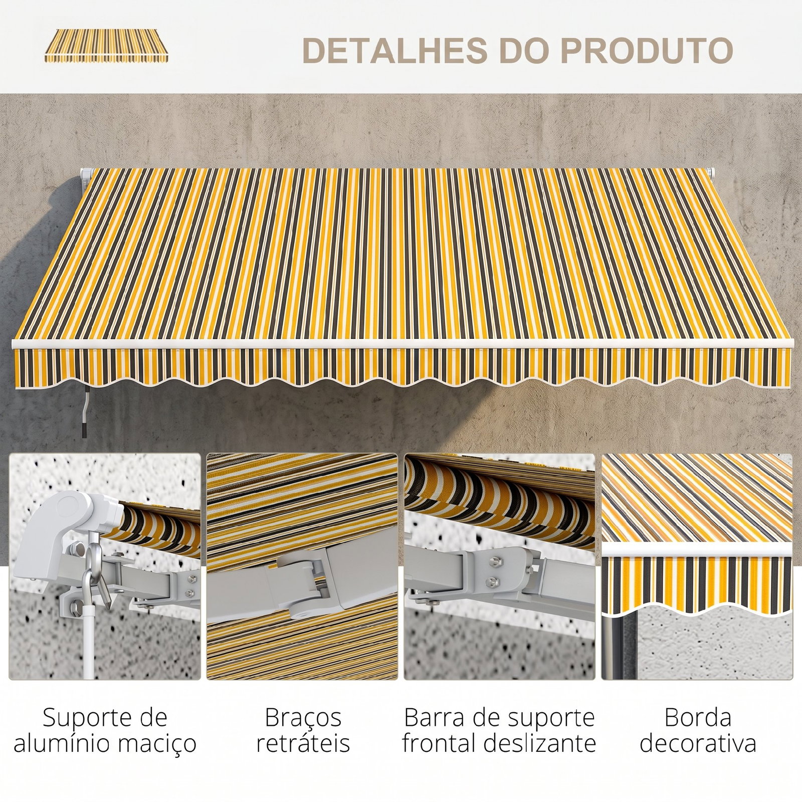 Toldo manual retrátil 350x250 cm com manivela de metal impermeável e anti-UV para jardim terraço janelas cinza e amarelo