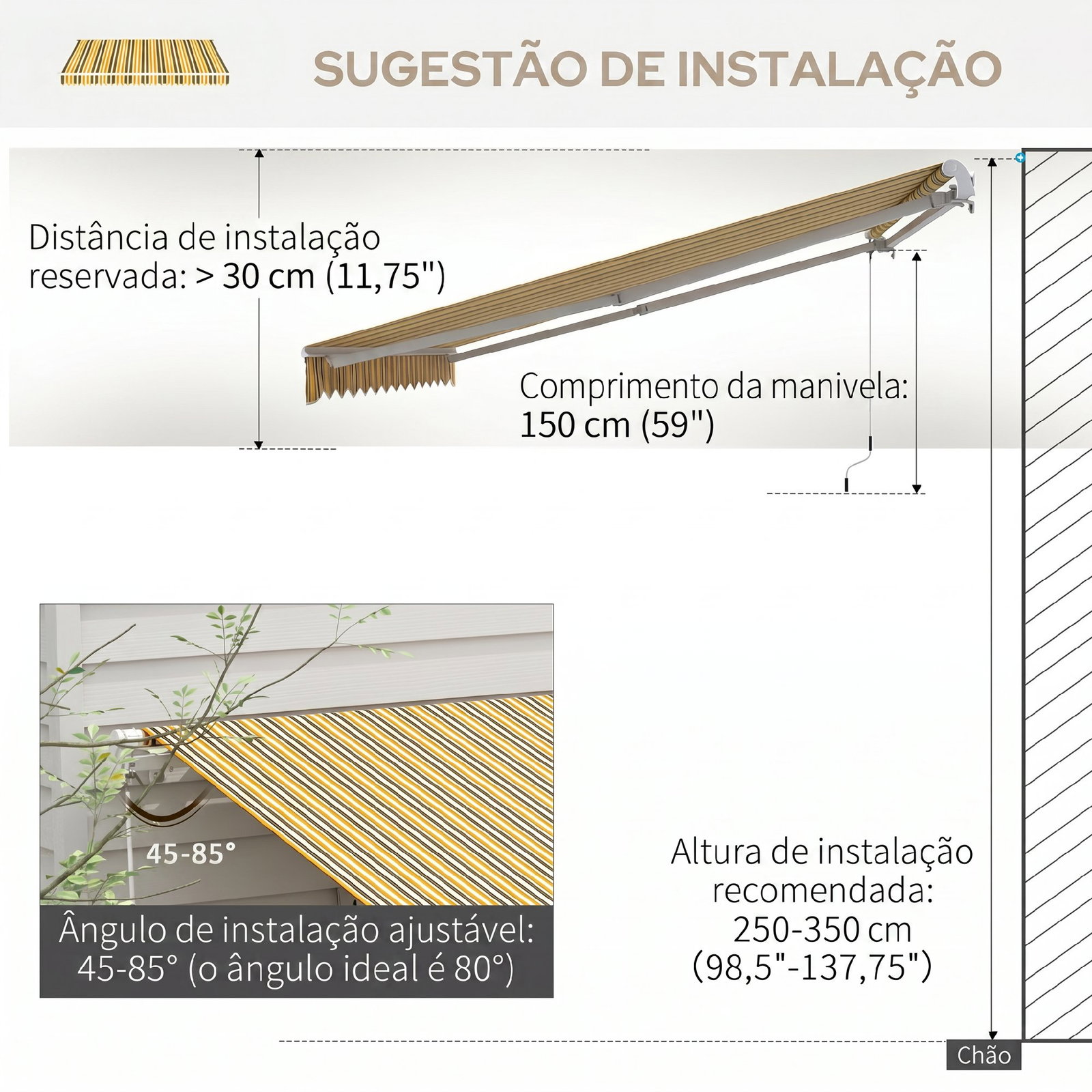 Toldo manual retrátil 350x250 cm com manivela de metal impermeável e anti-UV para jardim terraço janelas cinza e amarelo