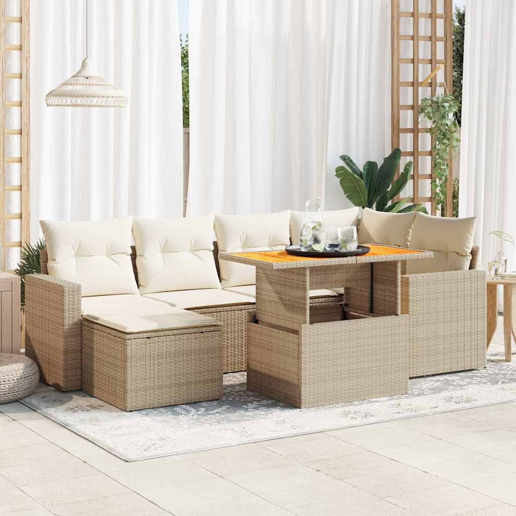 7 Pcs conjunto de sofás p/ jardim com almofadões vime PE bege