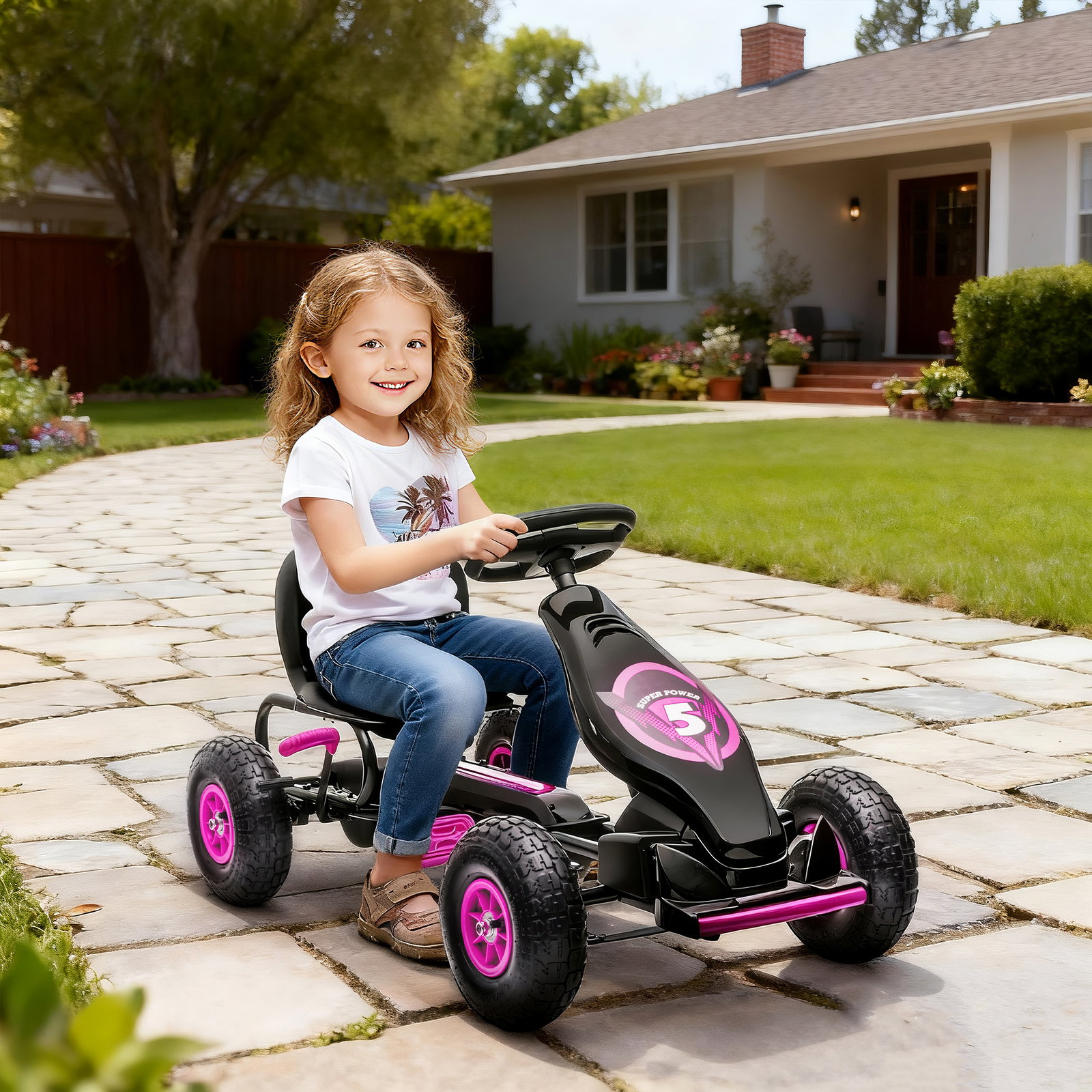 Kart a pedais para crianças 5-12 anos com assento ajustável pneus insufláveis amortecimento e travão de mão 121x58x61 cm rosa