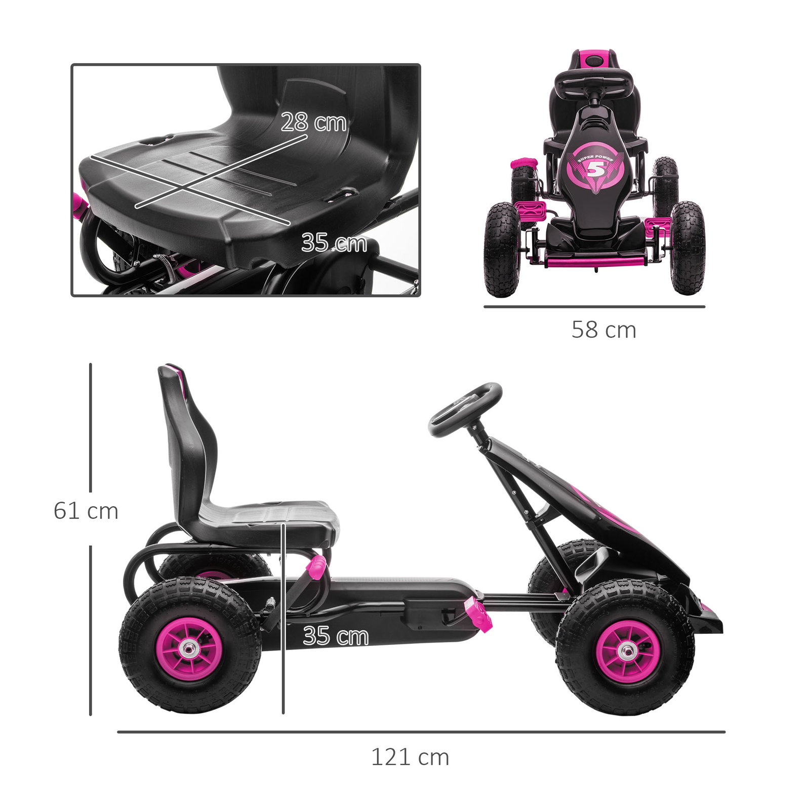 Kart a pedais para crianças 5-12 anos com assento ajustável pneus insufláveis amortecimento e travão de mão 121x58x61 cm rosa