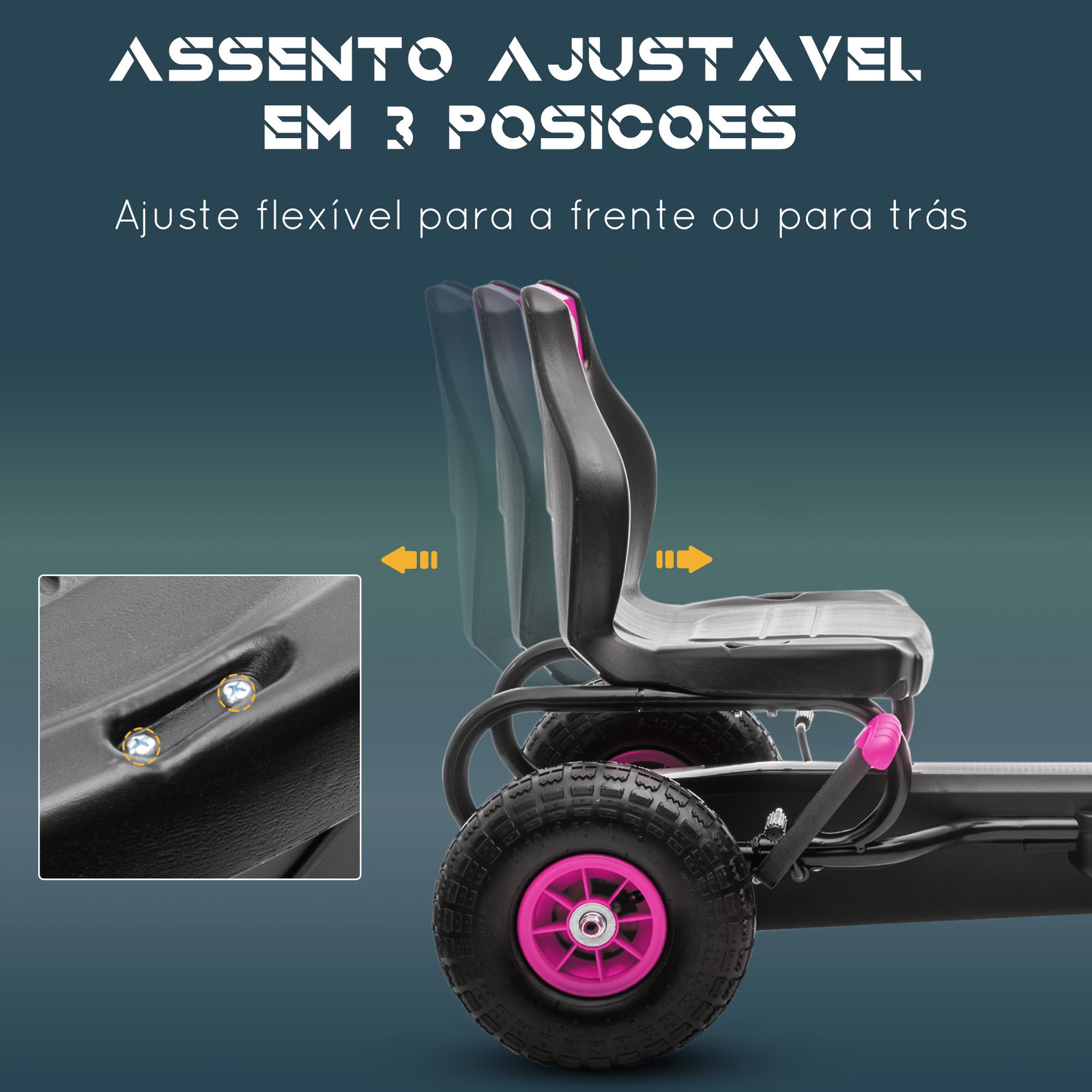 Kart a pedais para crianças 5-12 anos com assento ajustável pneus insufláveis amortecimento e travão de mão 121x58x61 cm rosa