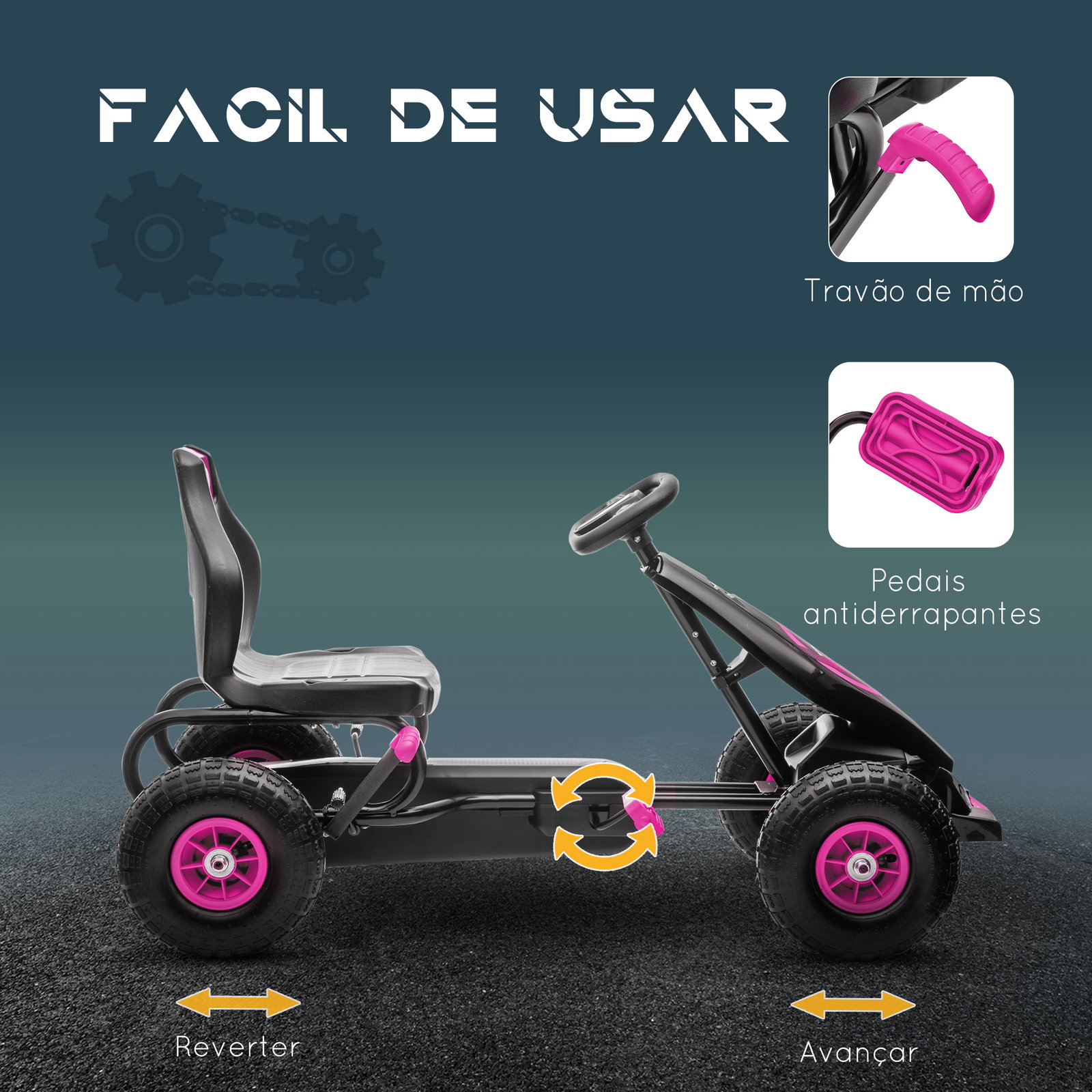 Kart a pedais para crianças 5-12 anos com assento ajustável pneus insufláveis amortecimento e travão de mão 121x58x61 cm rosa