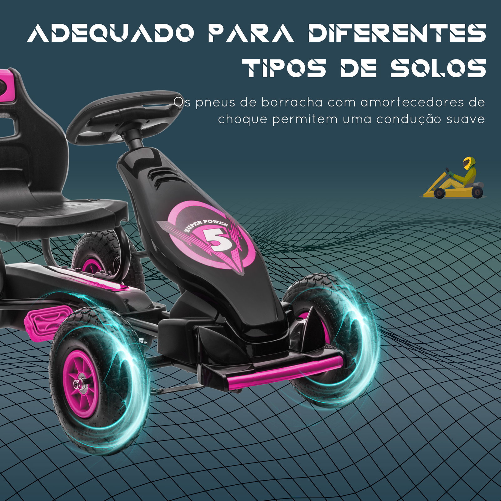Kart a pedais para crianças 5-12 anos com assento ajustável pneus insufláveis amortecimento e travão de mão 121x58x61 cm rosa