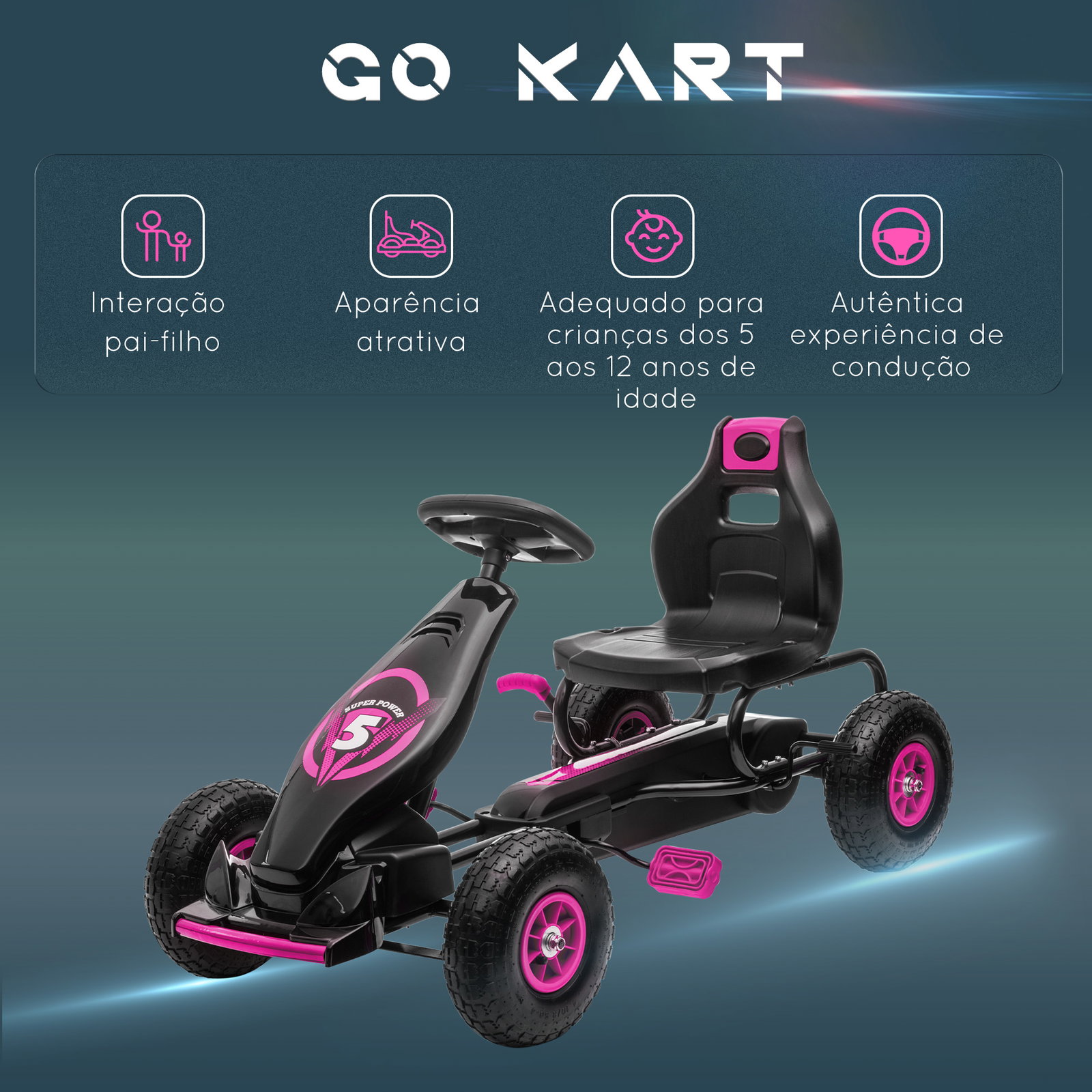Kart a pedais para crianças 5-12 anos com assento ajustável pneus insufláveis amortecimento e travão de mão 121x58x61 cm rosa