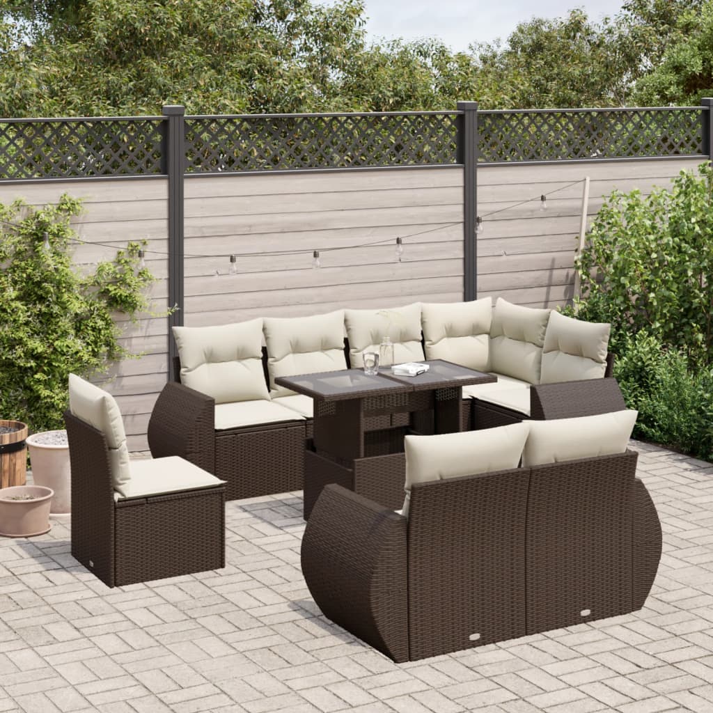 9 Pcs conjunto sofás p/ jardim c/ almofadões vime PE castanho