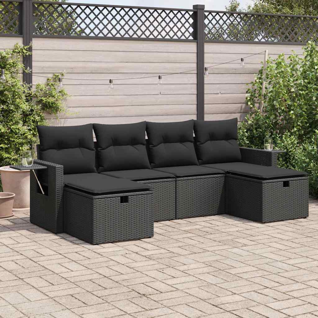 6 Pcs conjunto sofás de jardim c/ almofadões vime PE preto