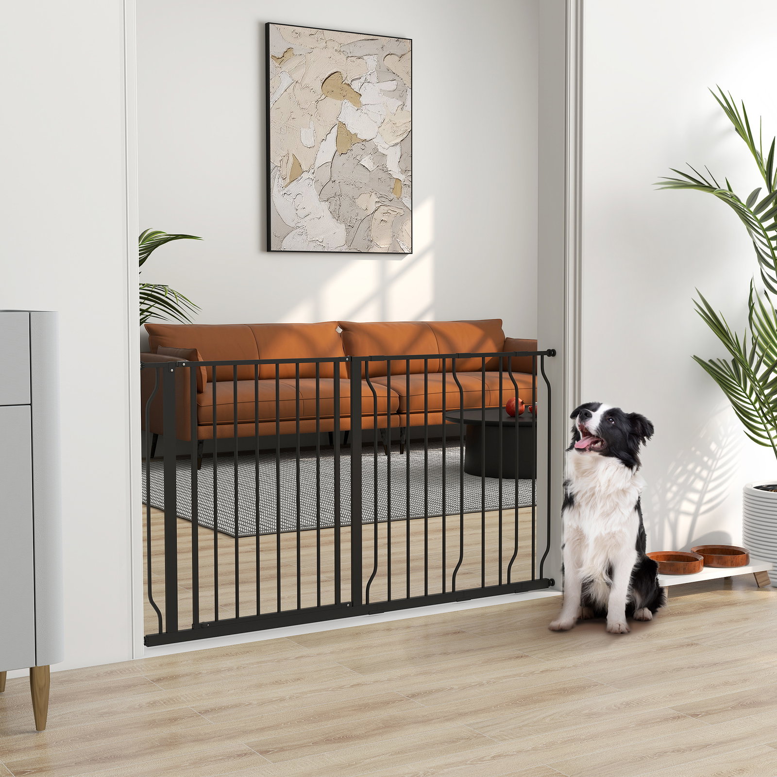 Barreira de segurança para cães com 3 extensões montagem a pressão duplo bloqueio 75-145x76 cm preto