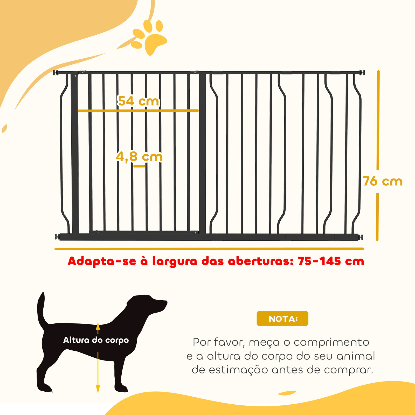 Barreira de segurança para cães com 3 extensões montagem a pressão duplo bloqueio 75-145x76 cm preto