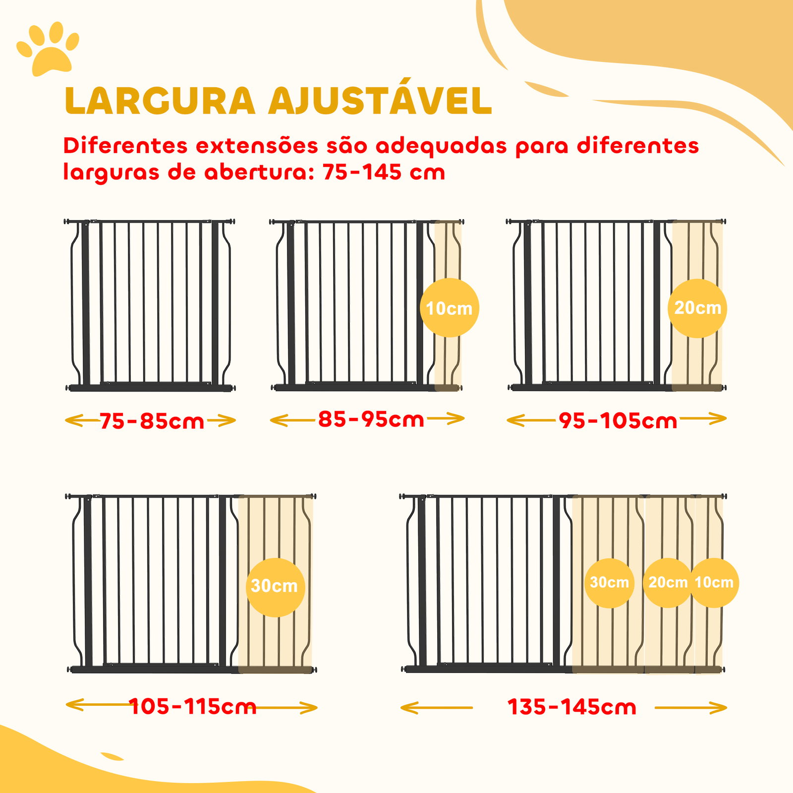 Barreira de segurança para cães com 3 extensões montagem a pressão duplo bloqueio 75-145x76 cm preto