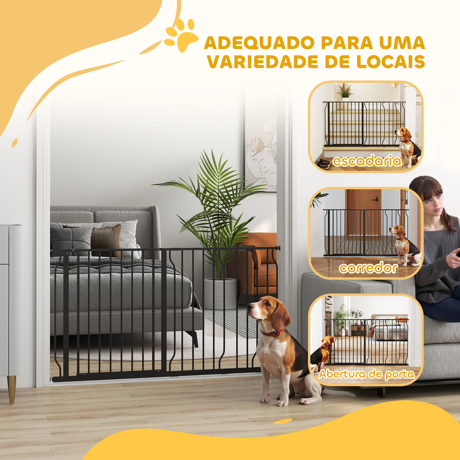 Barreira de segurança para cães com 3 extensões montagem a pressão duplo bloqueio 75-145x76 cm preto