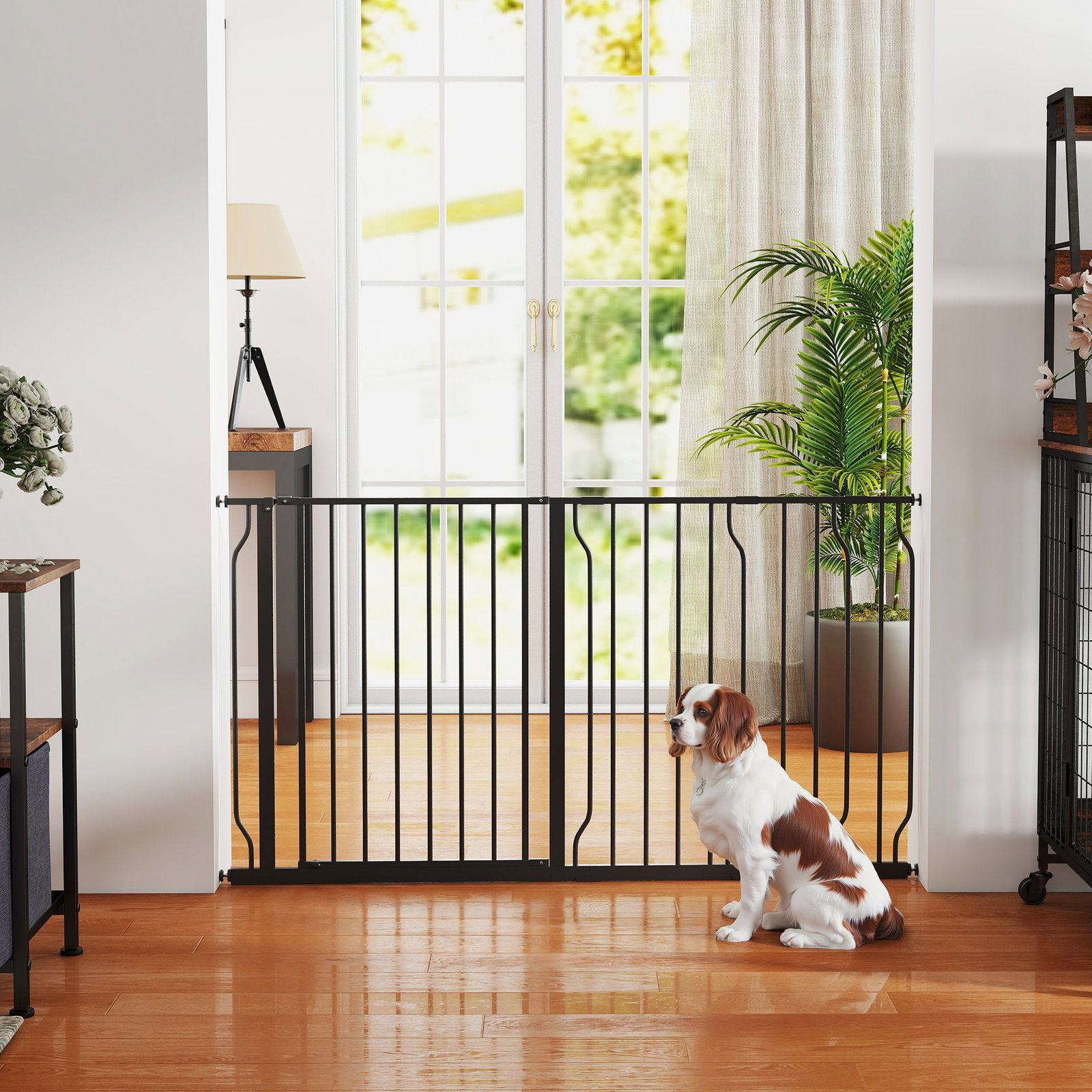 Barreira de segurança para cães com 3 extensões montagem a pressão duplo bloqueio 75-145x76 cm preto