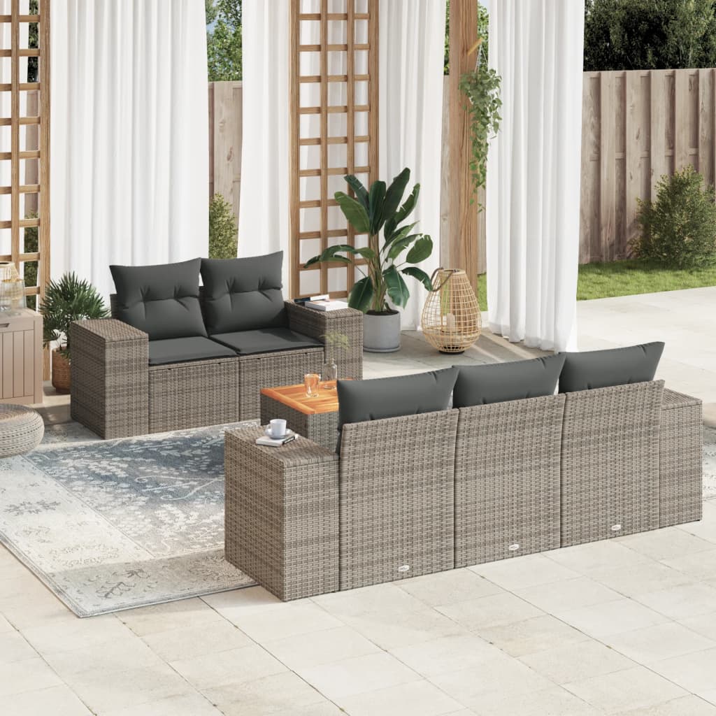 6 Pcs conjunto sofás de jardim com almofadões vime cinzento