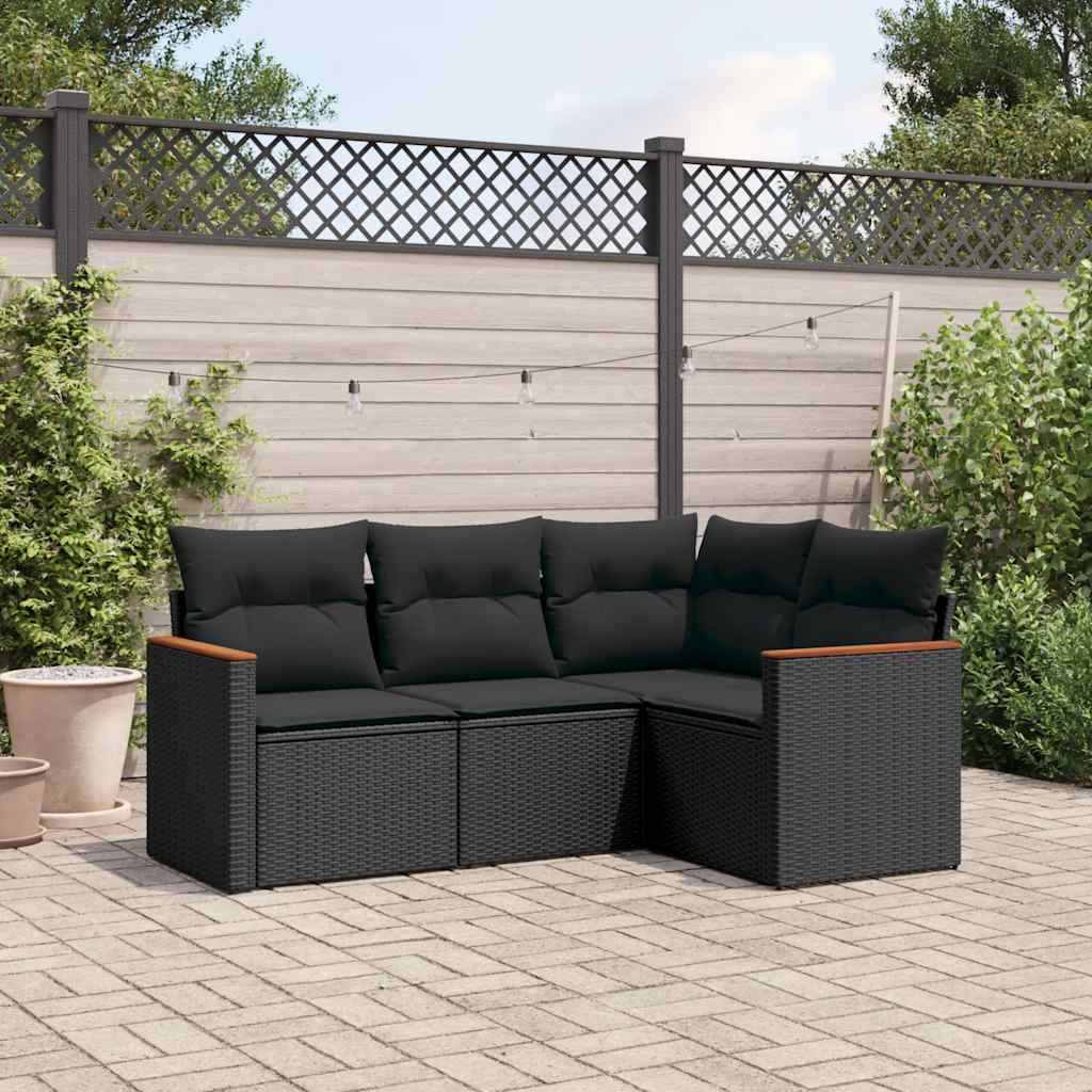 4 Pcs conjunto de sofás para jardim c/ almofadões vime PE preto