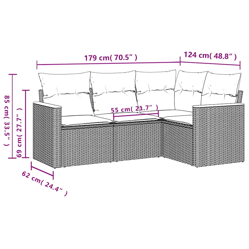 4 Pcs conjunto de sofás para jardim c/ almofadões vime PE preto