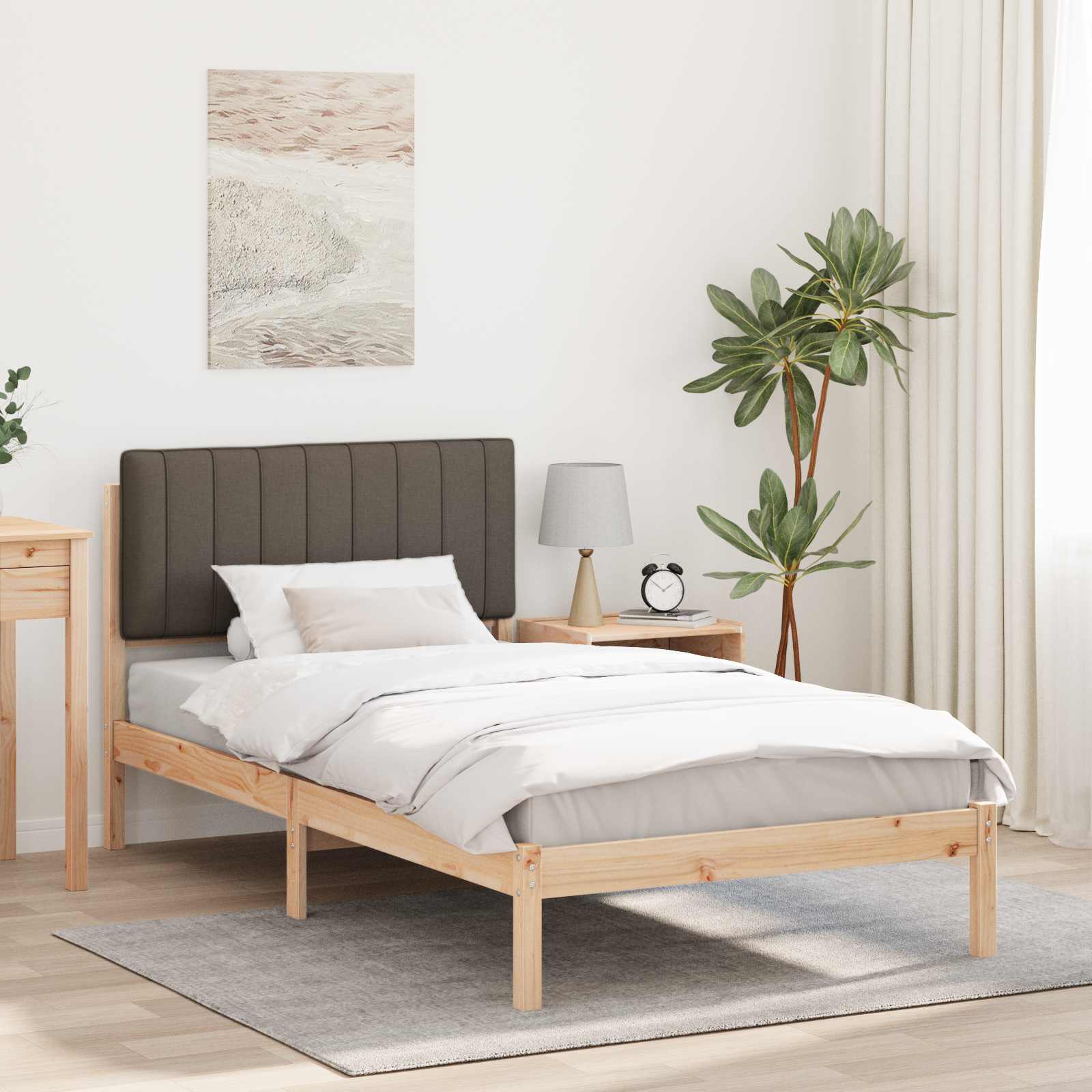 Estrutura de cama com cabeceira estofada cinzento-acastanhado