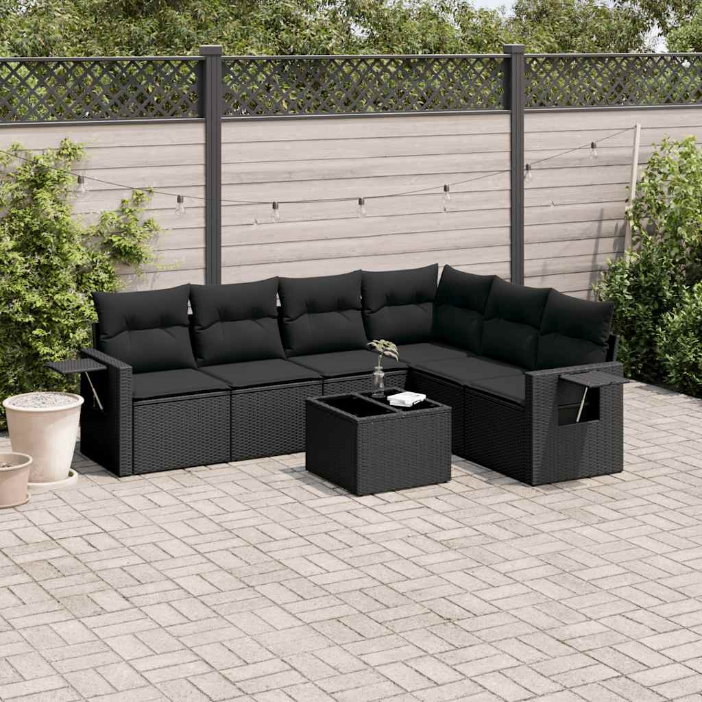 7 Pcs conjunto de sofás p/ jardim c/ almofadões vime PE preto