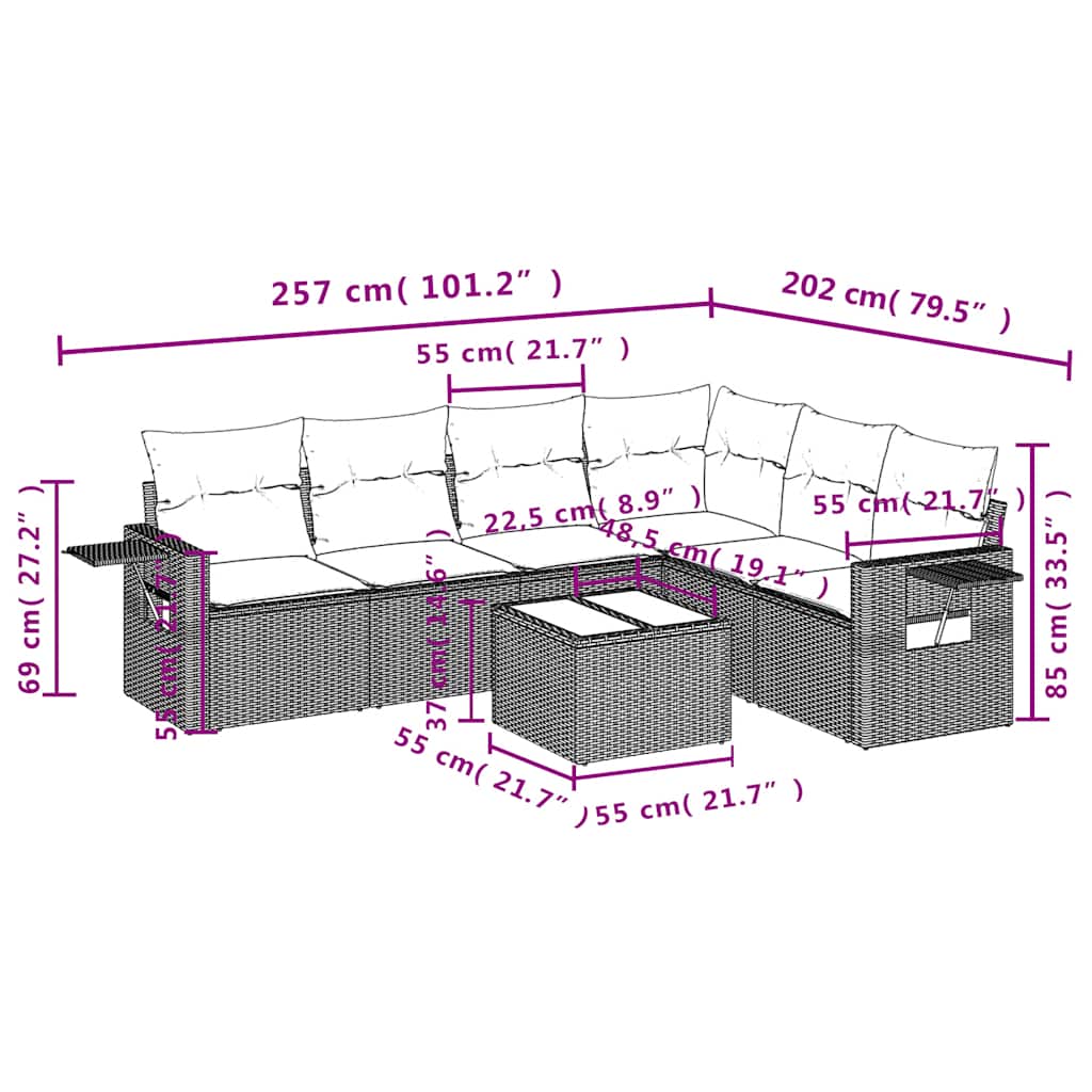 7 Pcs conjunto de sofás p/ jardim c/ almofadões vime PE preto