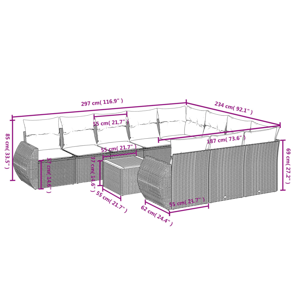 11 Pcs conjunto sofás de jardim c/ almofadões vime PE bege