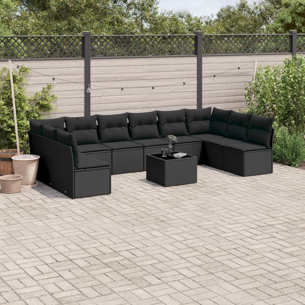 11 Pcs conjunto sofás de jardim c/ almofadões vime PE preto