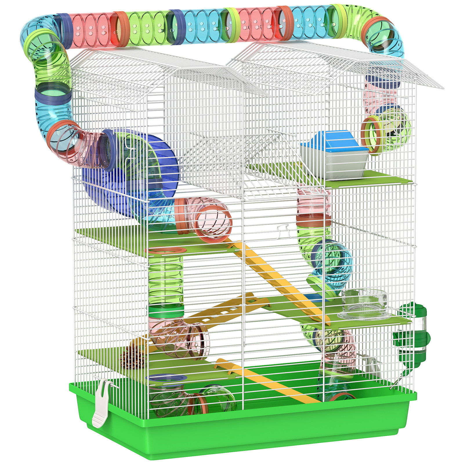 Gaiola para hamster de 5 níveis 47x30x59 cm com túneis tigela bebedouro casinha roda de exercício rampas verde
