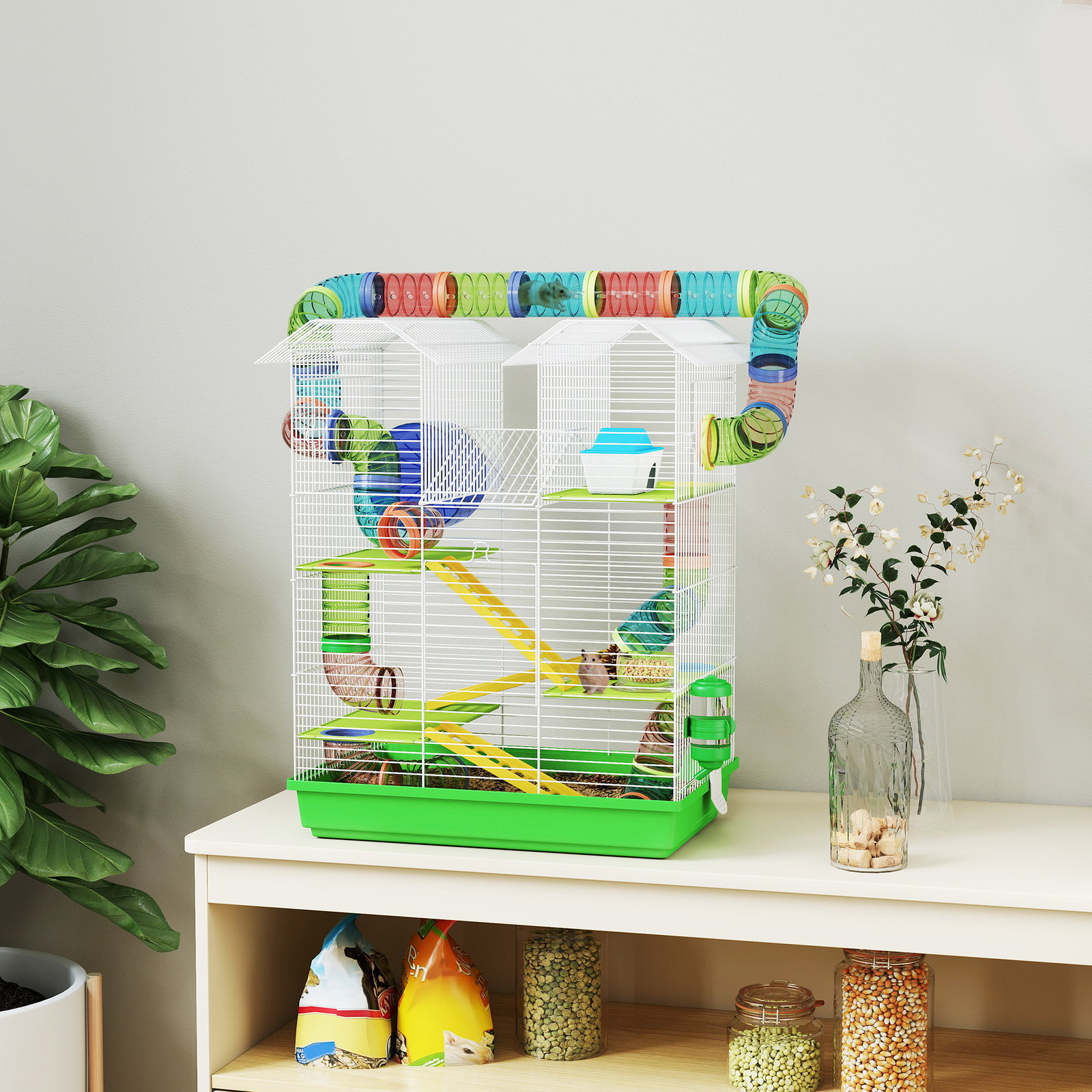 Gaiola para hamster de 5 níveis 47x30x59 cm com túneis tigela bebedouro casinha roda de exercício rampas verde
