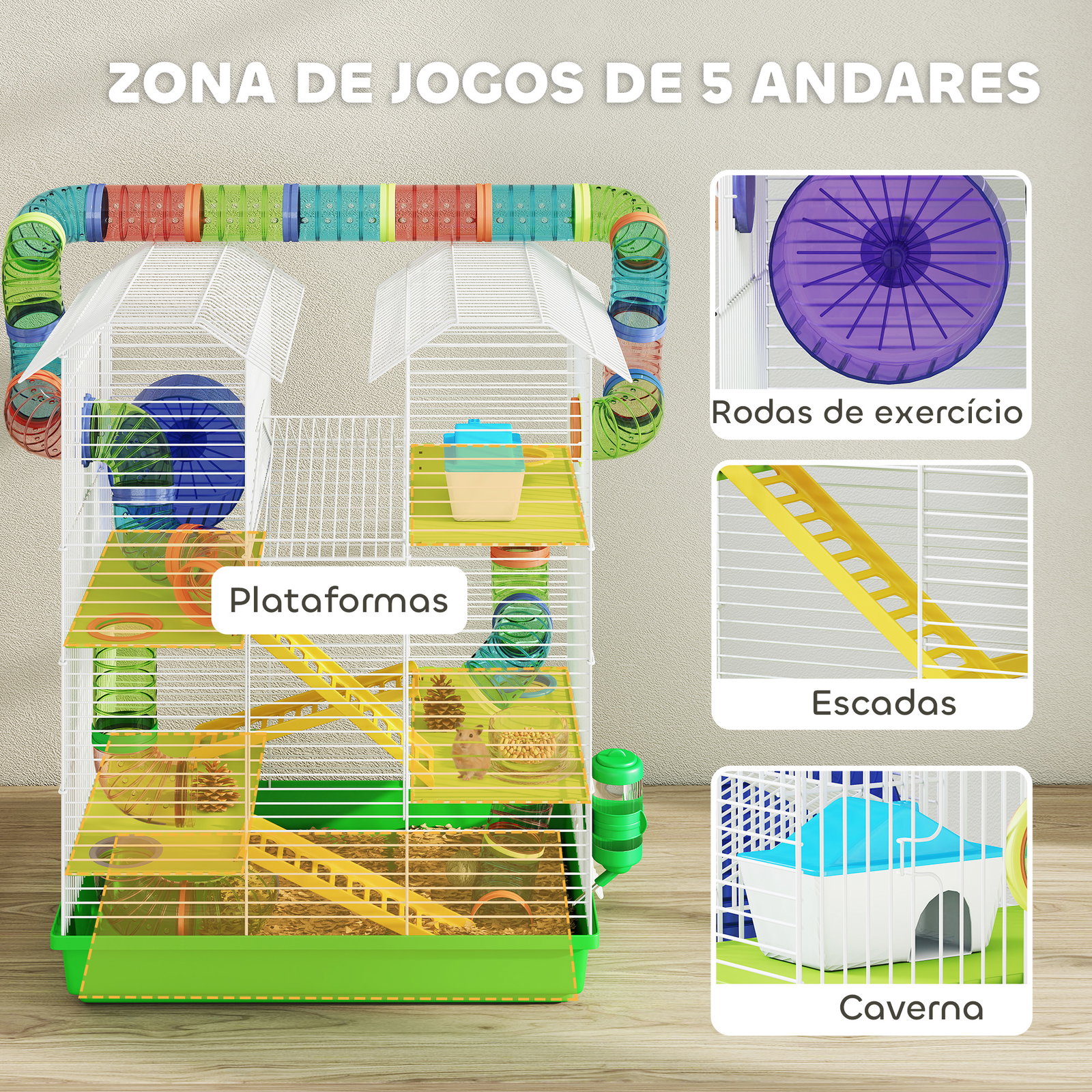 Gaiola para hamster de 5 níveis 47x30x59 cm com túneis tigela bebedouro casinha roda de exercício rampas verde