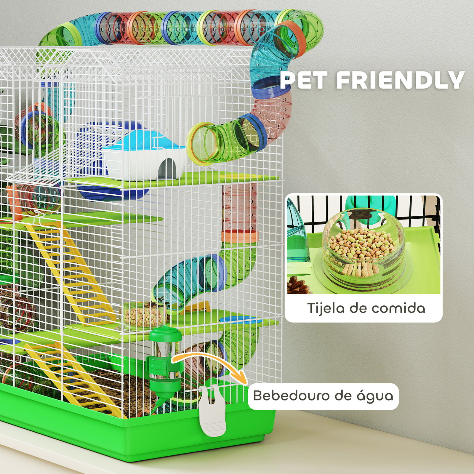 Gaiola para hamster de 5 níveis 47x30x59 cm com túneis tigela bebedouro casinha roda de exercício rampas verde