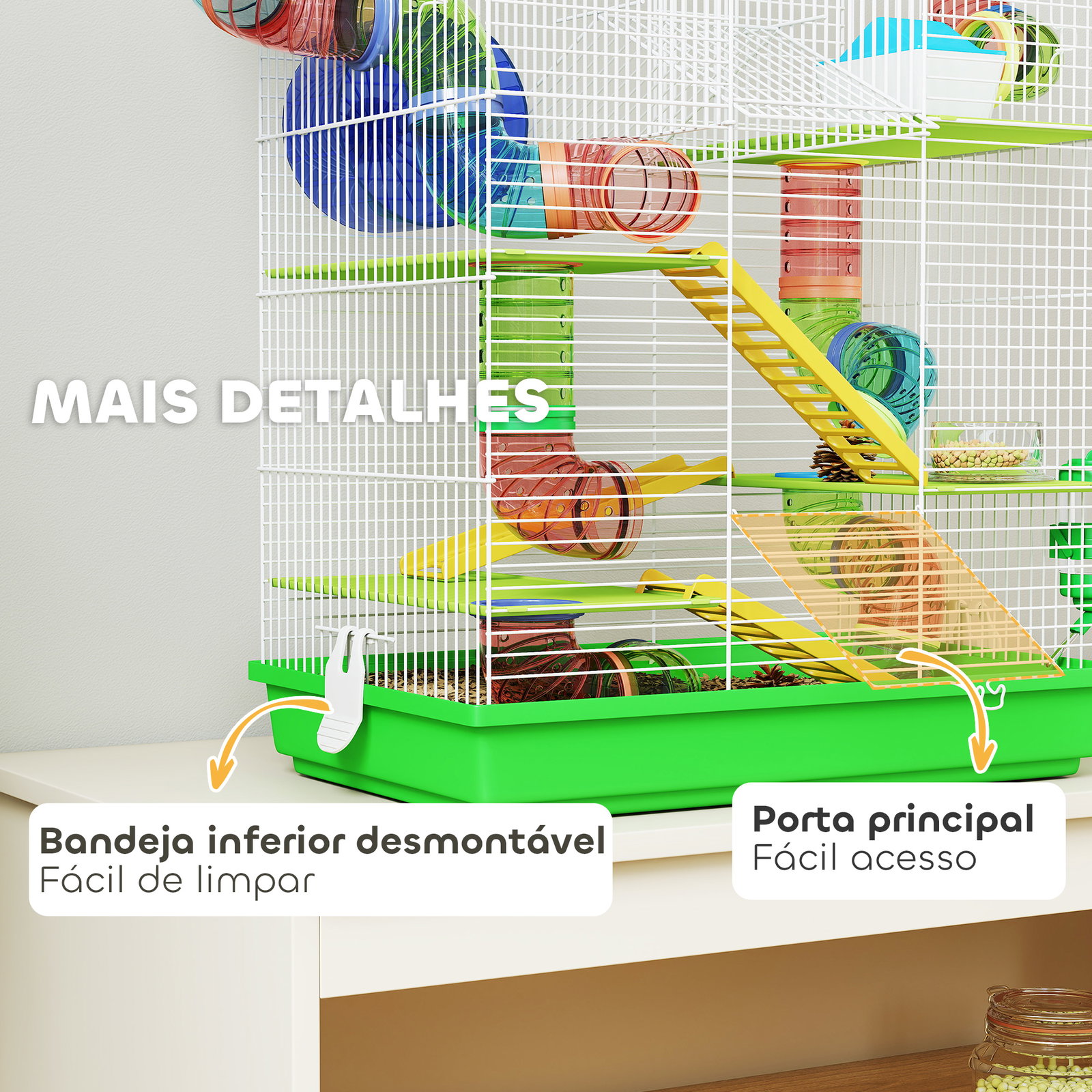 Gaiola para hamster de 5 níveis 47x30x59 cm com túneis tigela bebedouro casinha roda de exercício rampas verde