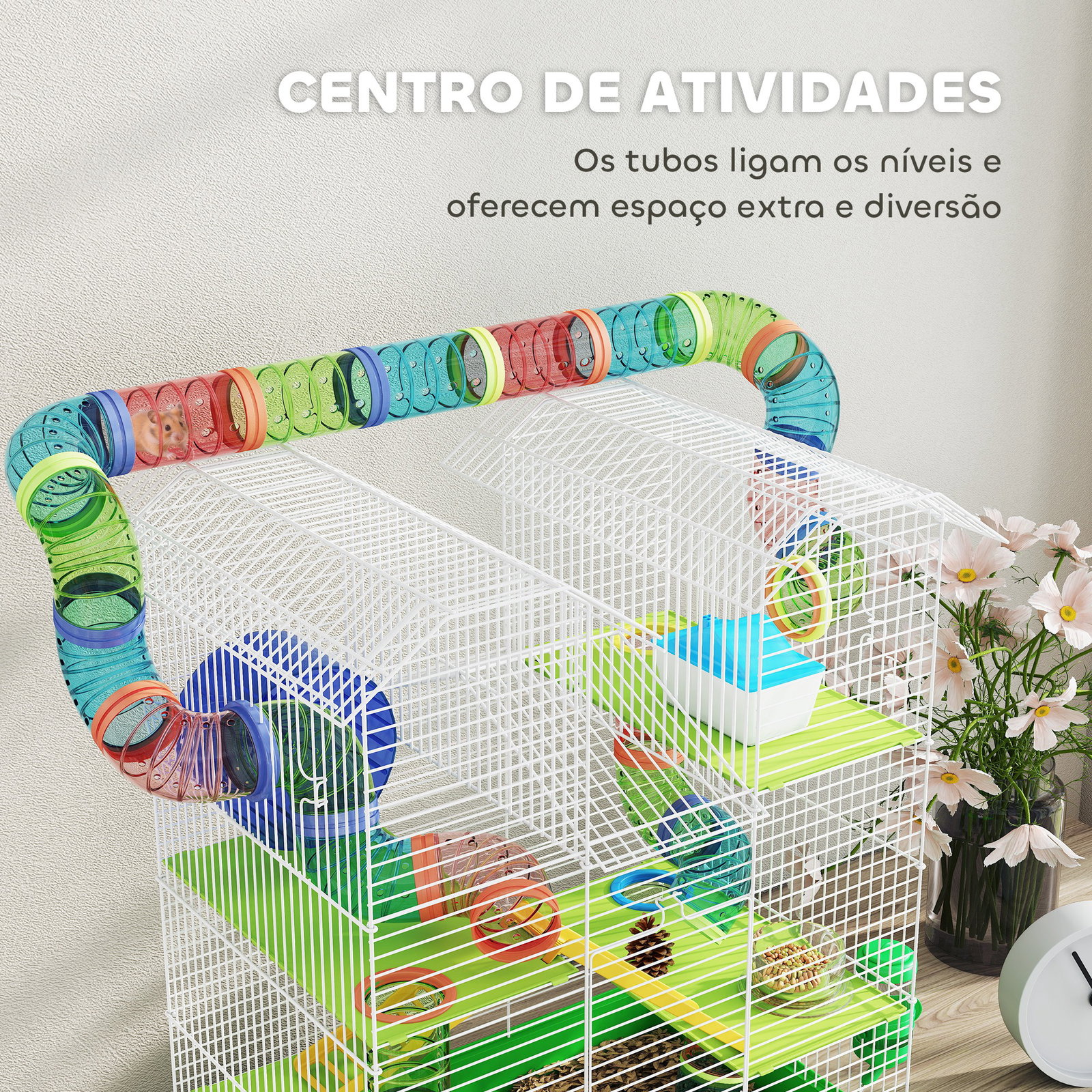 Gaiola para hamster de 5 níveis 47x30x59 cm com túneis tigela bebedouro casinha roda de exercício rampas verde