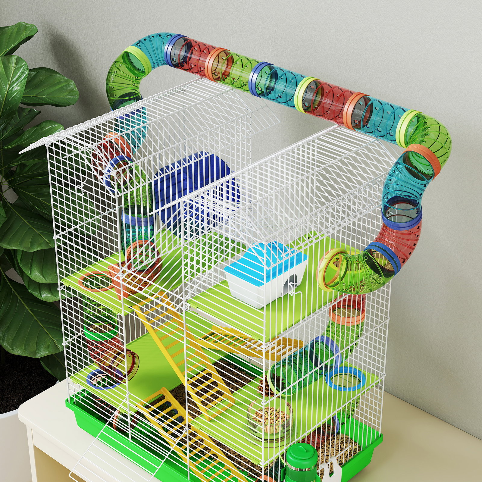 Gaiola para hamster de 5 níveis 47x30x59 cm com túneis tigela bebedouro casinha roda de exercício rampas verde