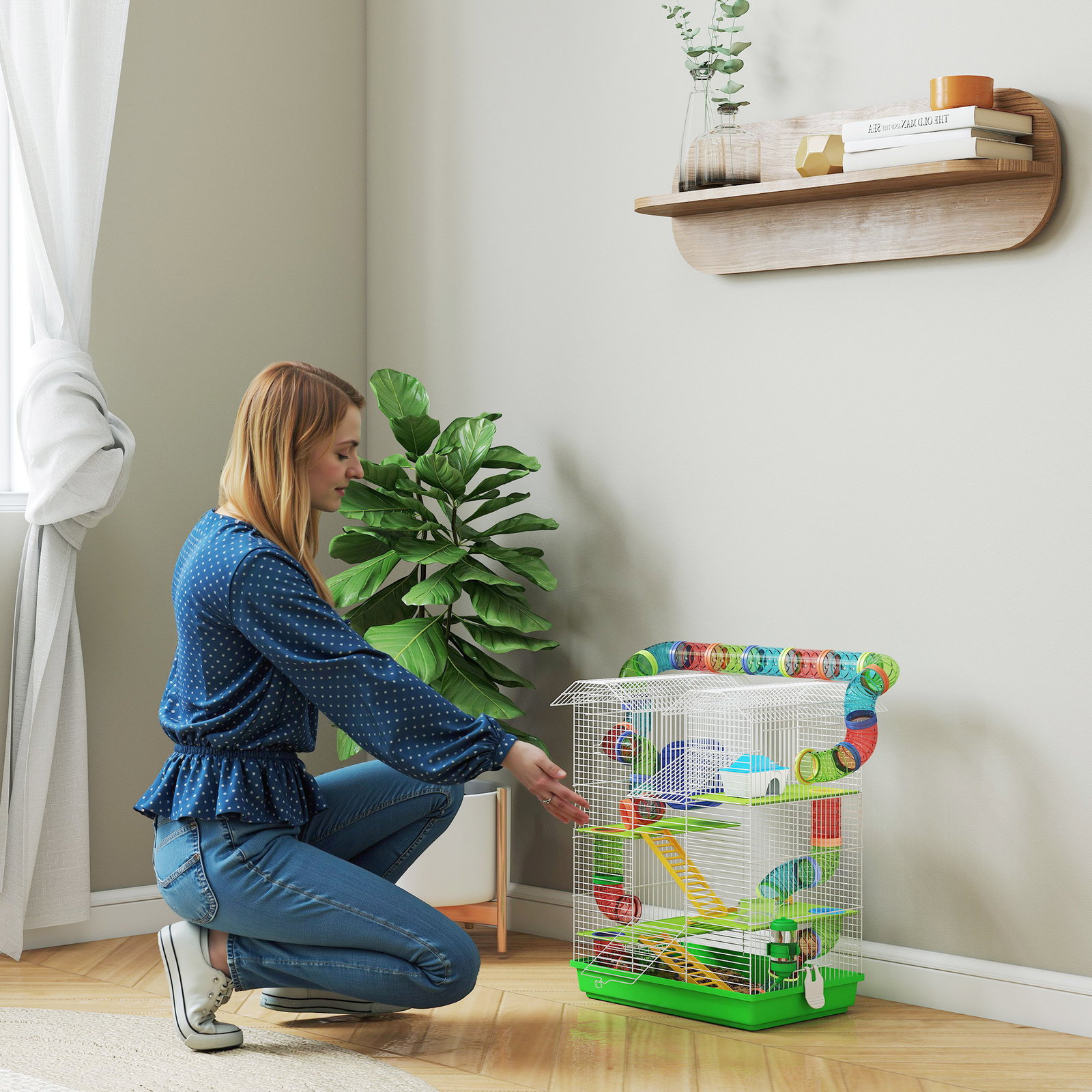 Gaiola para hamster de 5 níveis 47x30x59 cm com túneis tigela bebedouro casinha roda de exercício rampas verde