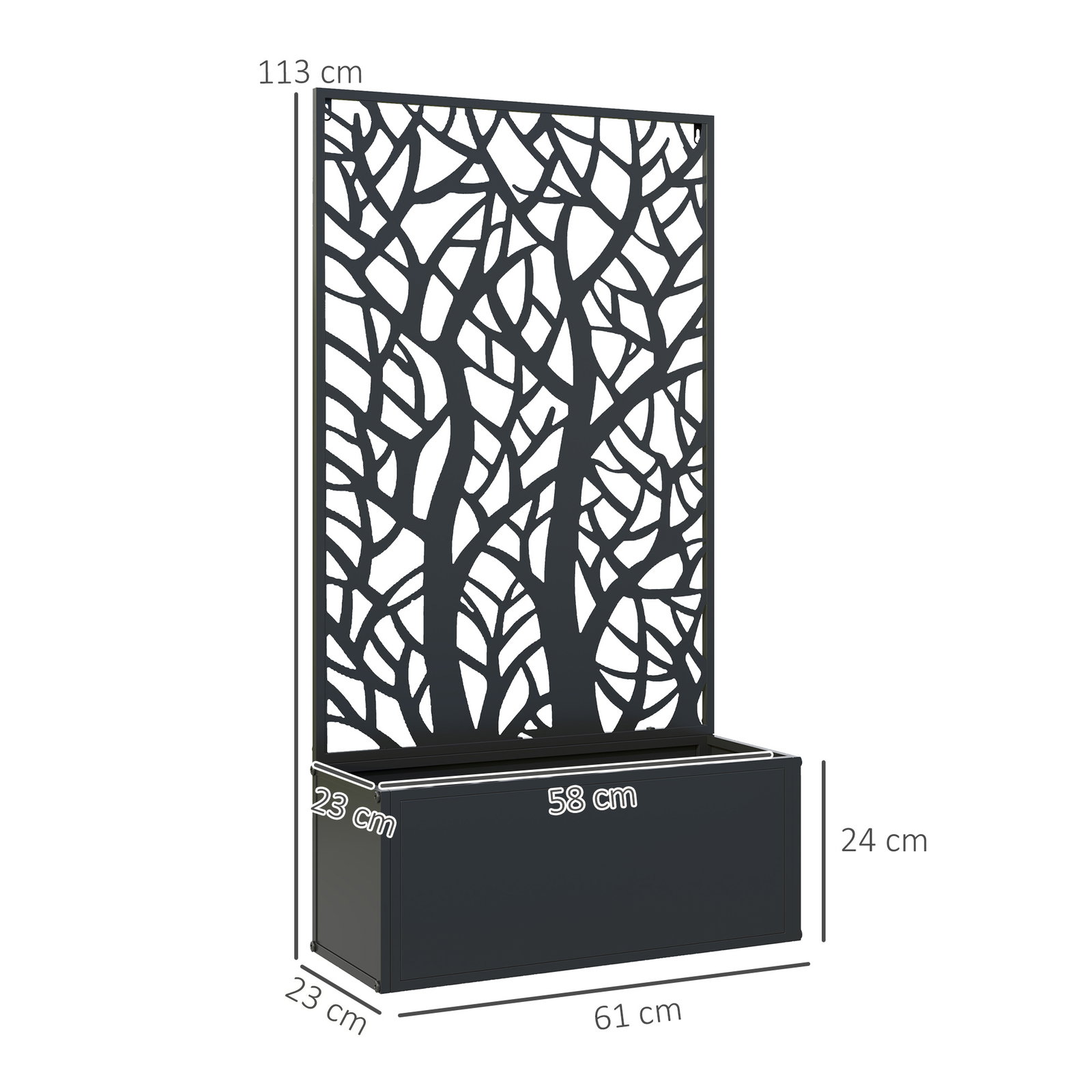 Floreira de metal com ecrã de privacidade com ramos decorativos floreira de parede ou independente 61x23x113 cm preto