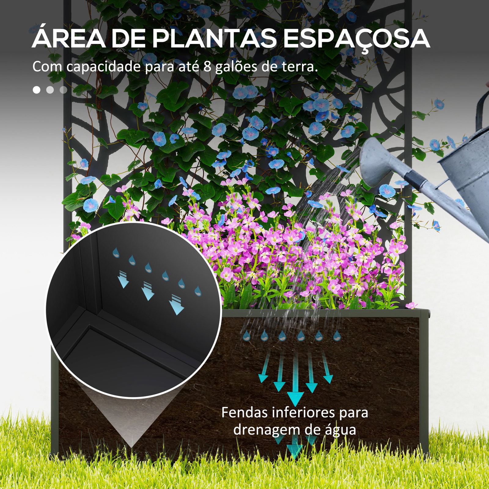 Floreira de metal com ecrã de privacidade com ramos decorativos floreira de parede ou independente 61x23x113 cm preto