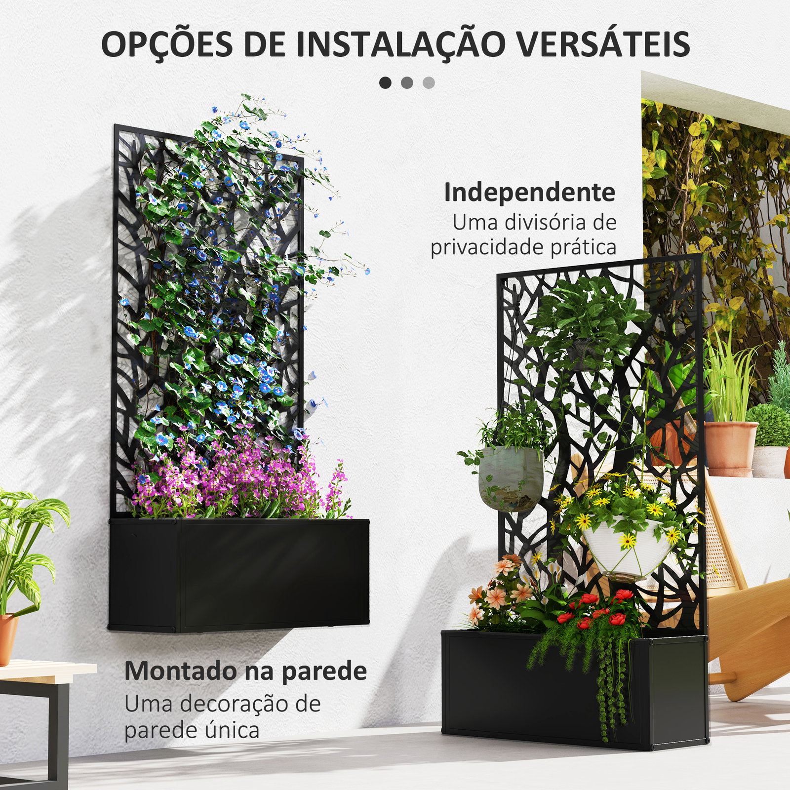 Floreira de metal com ecrã de privacidade com ramos decorativos floreira de parede ou independente 61x23x113 cm preto
