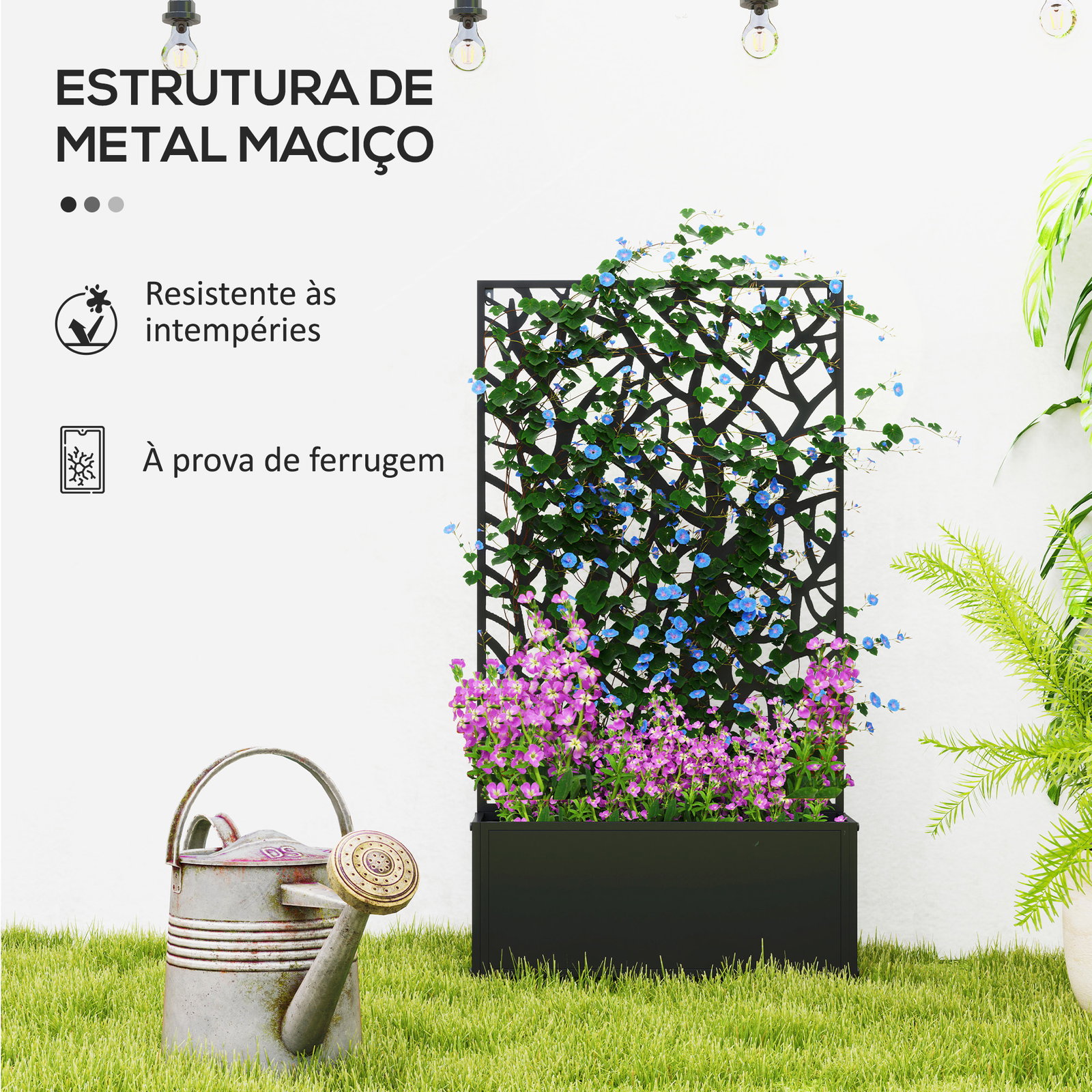 Floreira de metal com ecrã de privacidade com ramos decorativos floreira de parede ou independente 61x23x113 cm preto