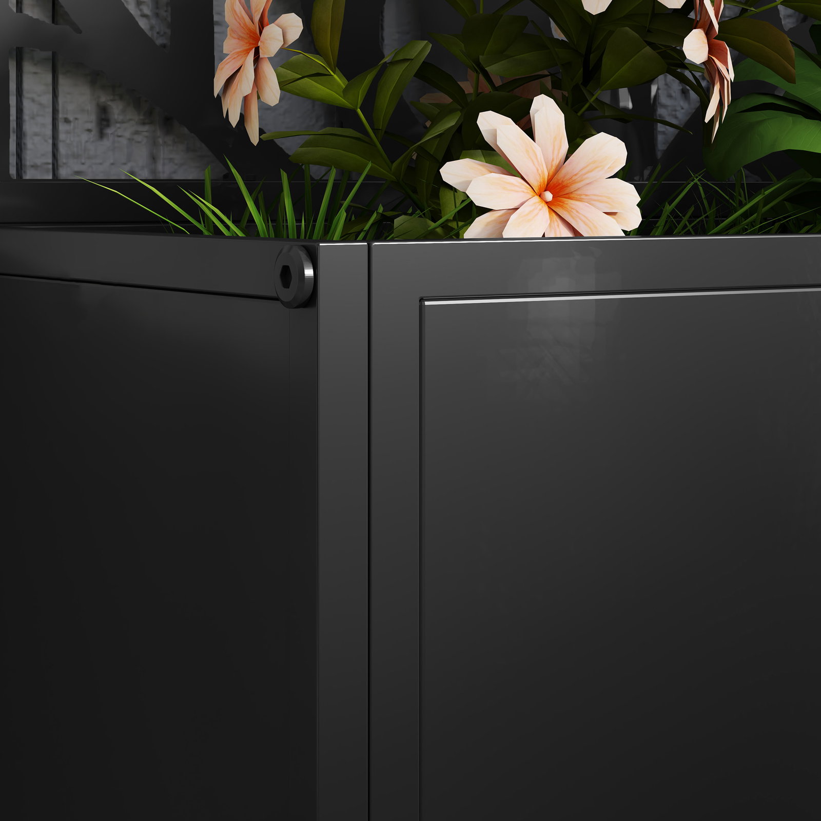 Floreira de metal com ecrã de privacidade com ramos decorativos floreira de parede ou independente 61x23x113 cm preto