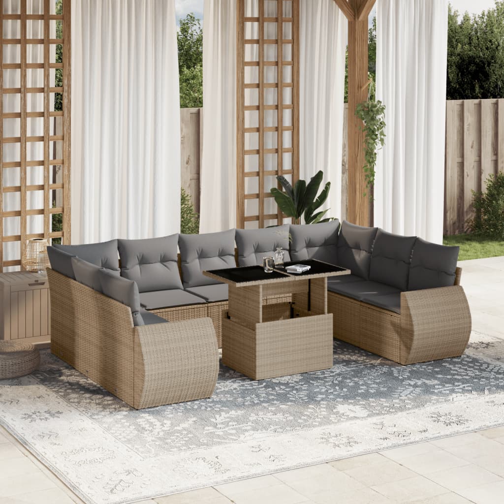 10 Pcs conjunto de sofás p/ jardim com almofadões vime PE bege