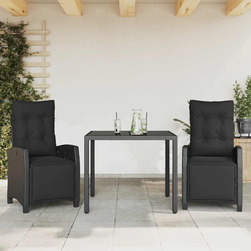 3 Pcs conjunto de jantar p/ jardim c/ almofadões vime PE preto